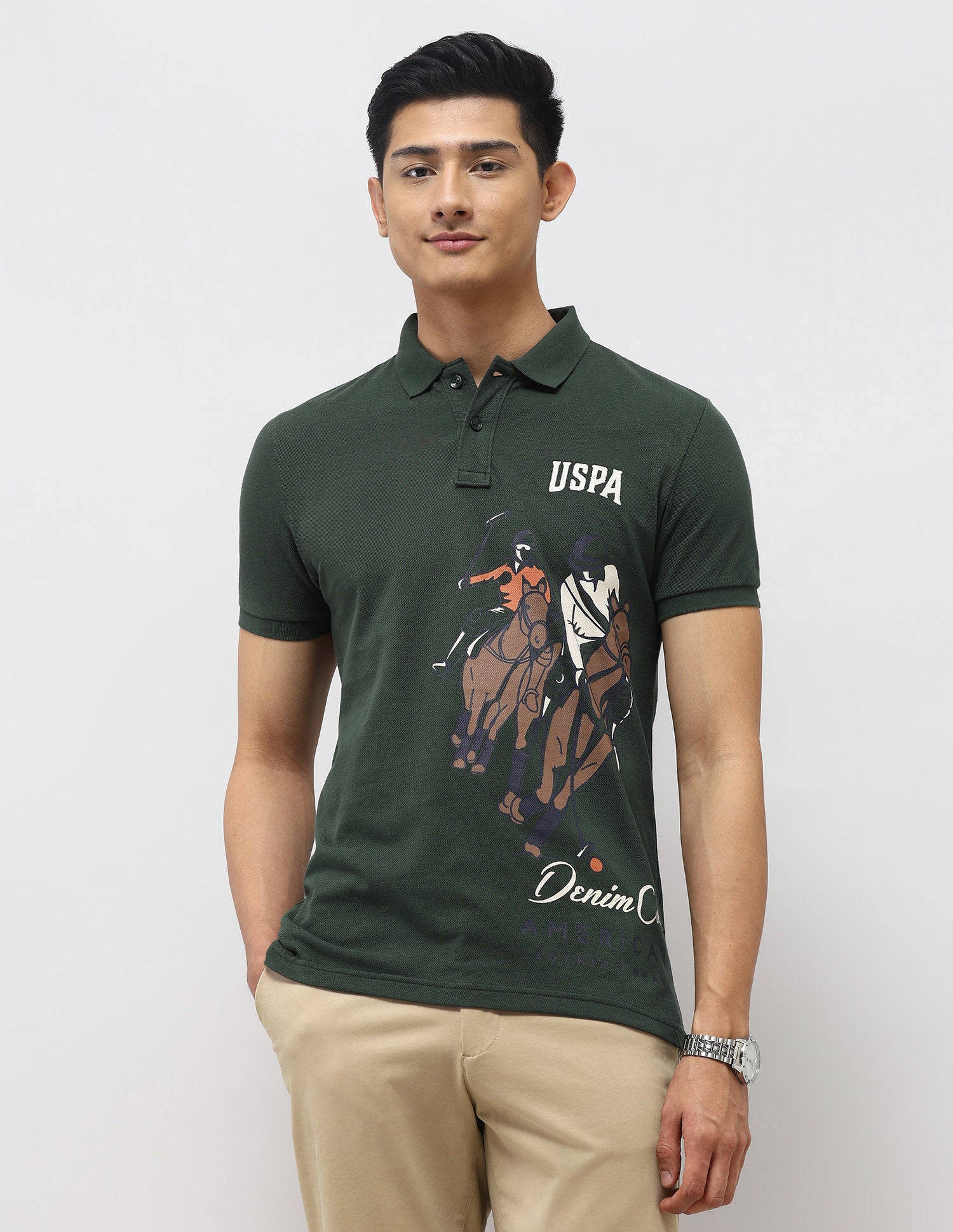 Graphic Printed Muscle Fit Polo Shirt Olive - U.S. Polo Assn. India | Large