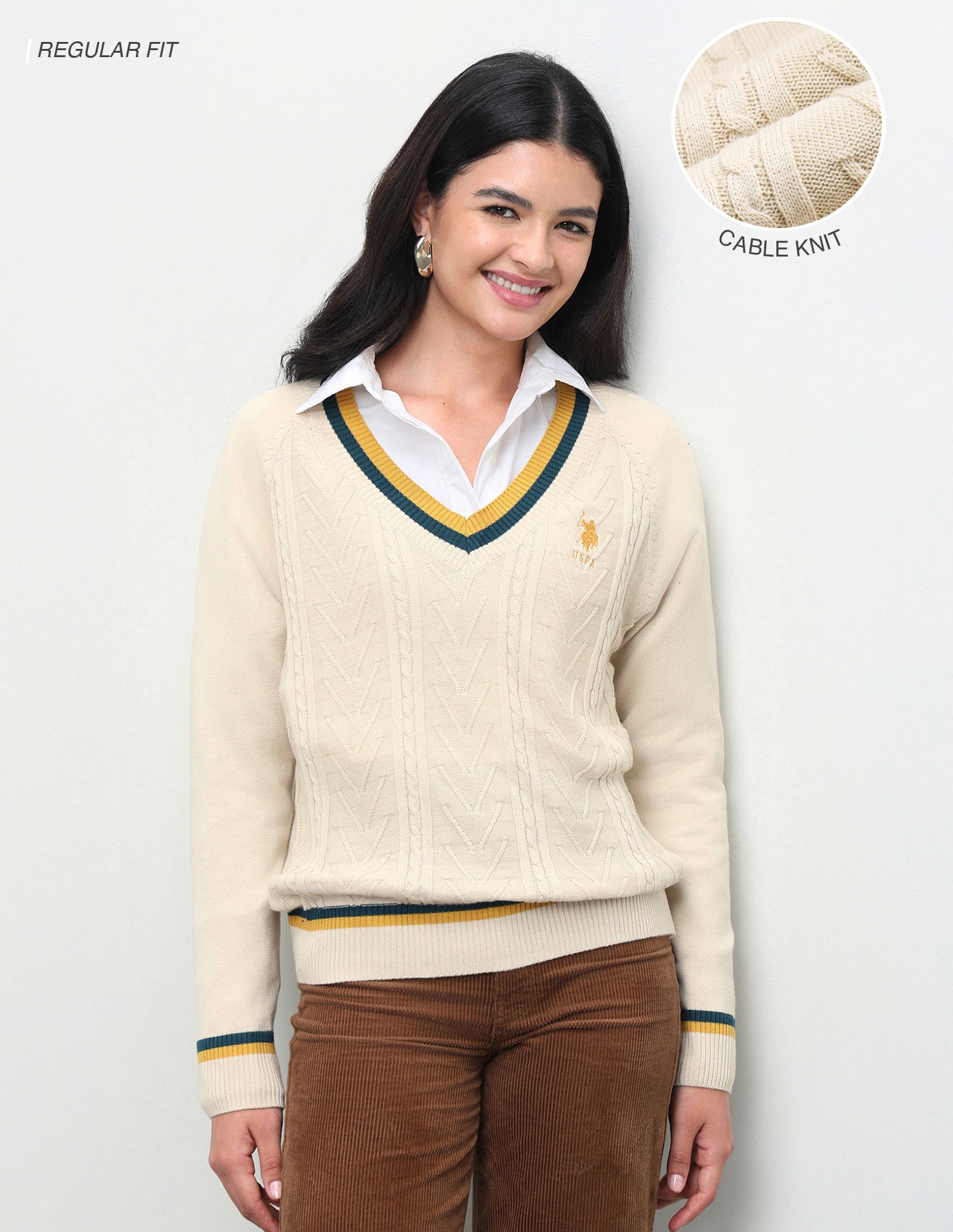 Cable Patterned Knit Regular Fit Sweater Ecru - U.S. Polo Assn. India | Large