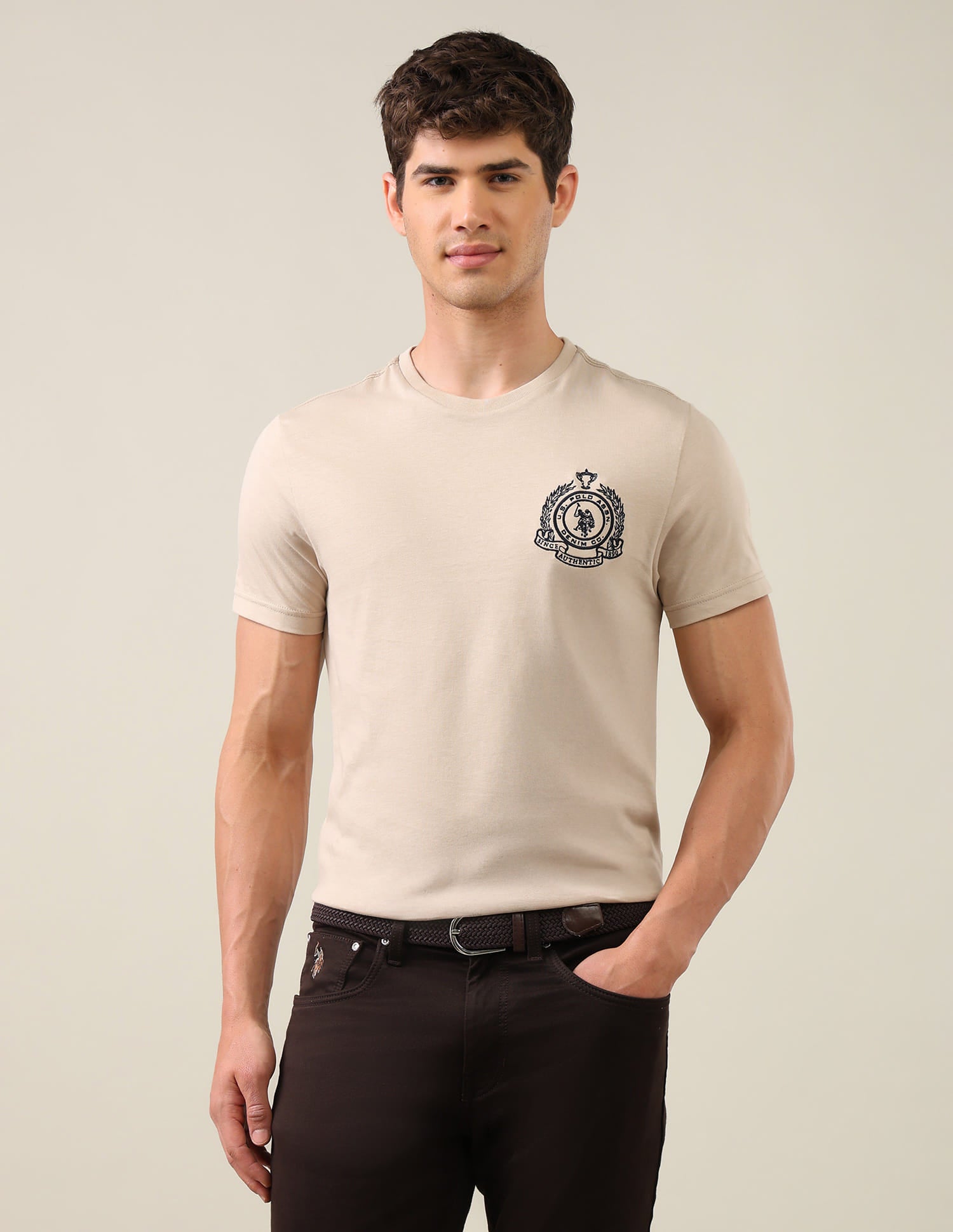 Solid Regular Fit T-Shirt Beige - U.S. Polo Assn. India | Large