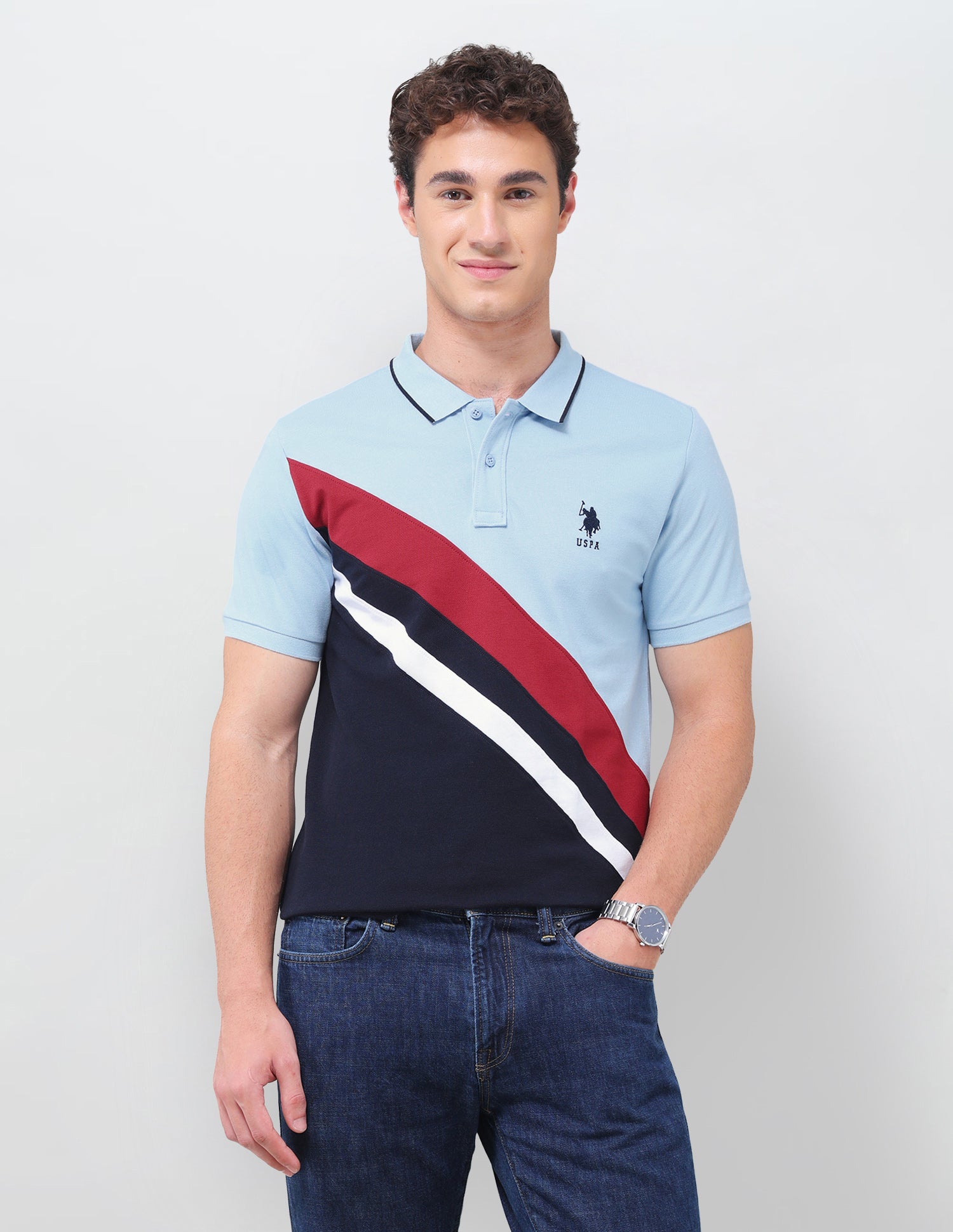Colourblocked Regular Fit Polo Shirt Light Blue - U.S. Polo Assn. India | Large