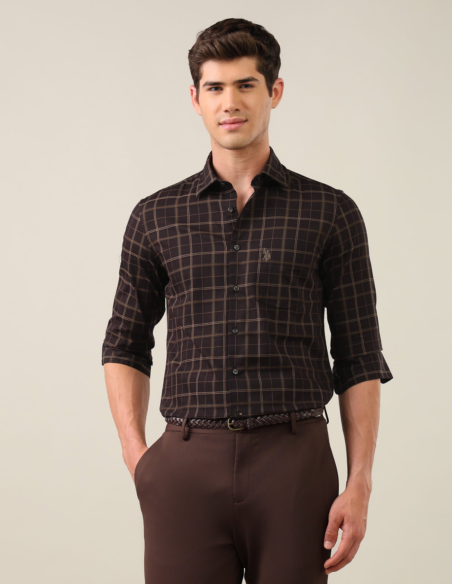 Grid Tattersall Checked Tailored Fit Shirt Brown - U.S. Polo Assn. India | Large