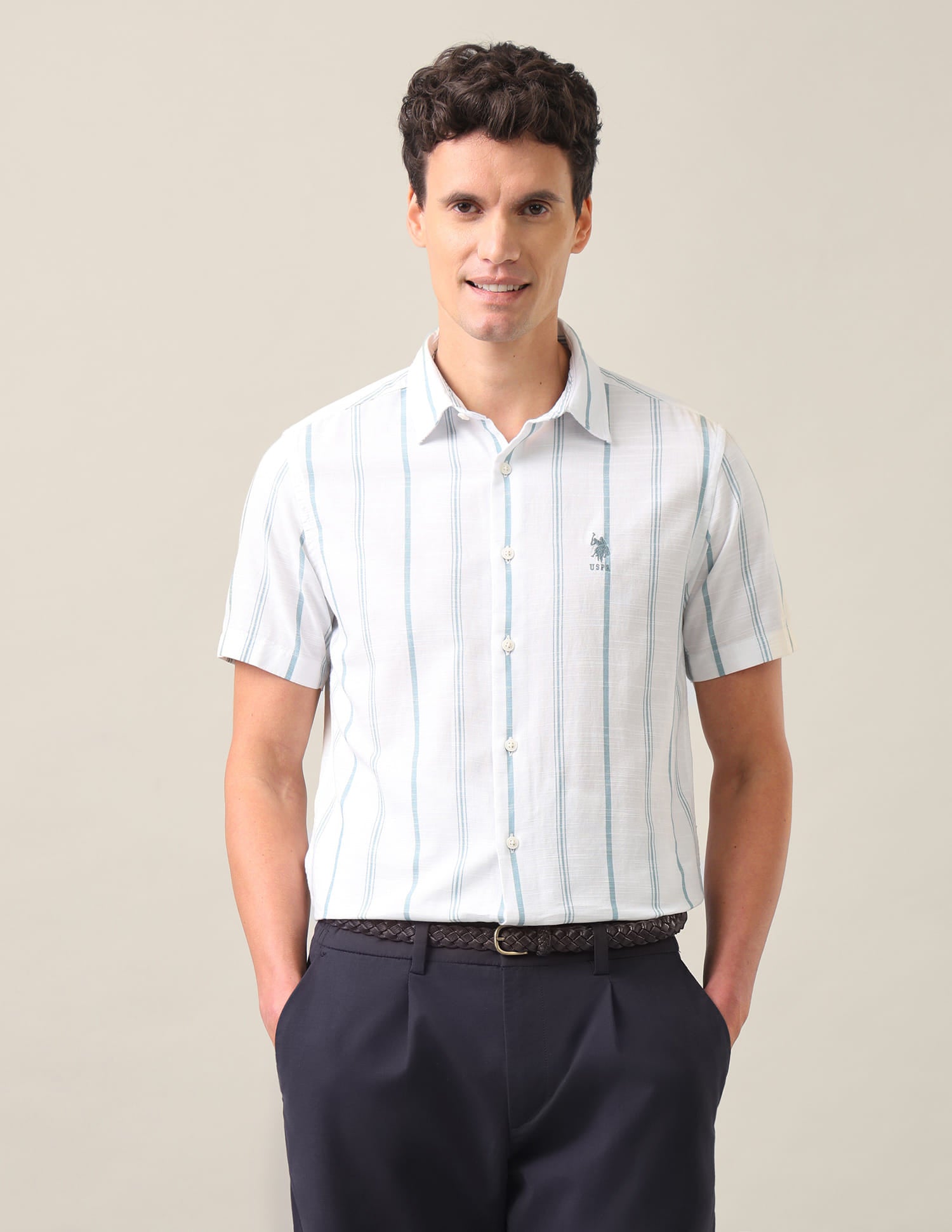 Vertical Striped Regular Fit Shirt Light Teal - U.S. Polo Assn. India | Large