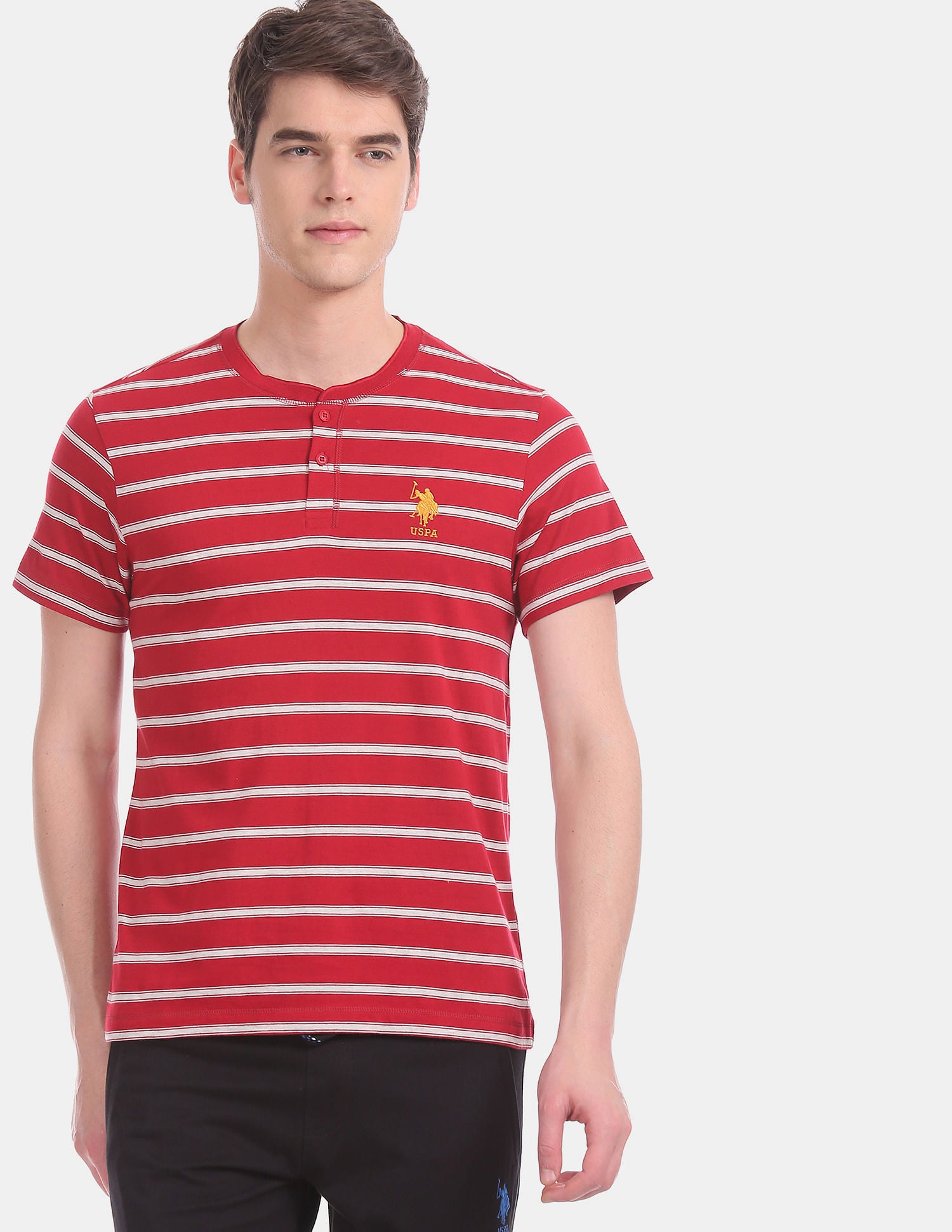 Comfort Fit Striped Cotton I687 Henley Lounge T-Shirt - Pack Of 1 Red - U.S. POLO ASSN. | Large