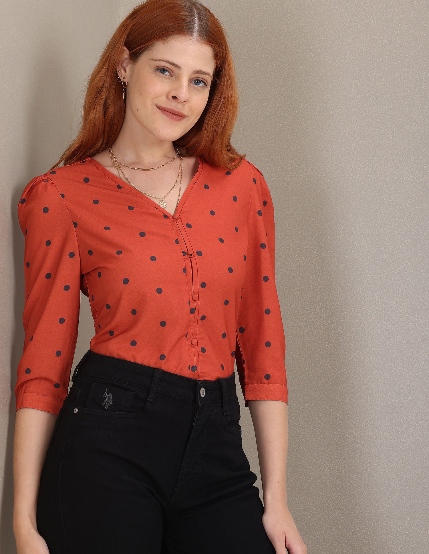 V-Neck Polka Dot Top Rust - U.S. Polo Assn. India | Large