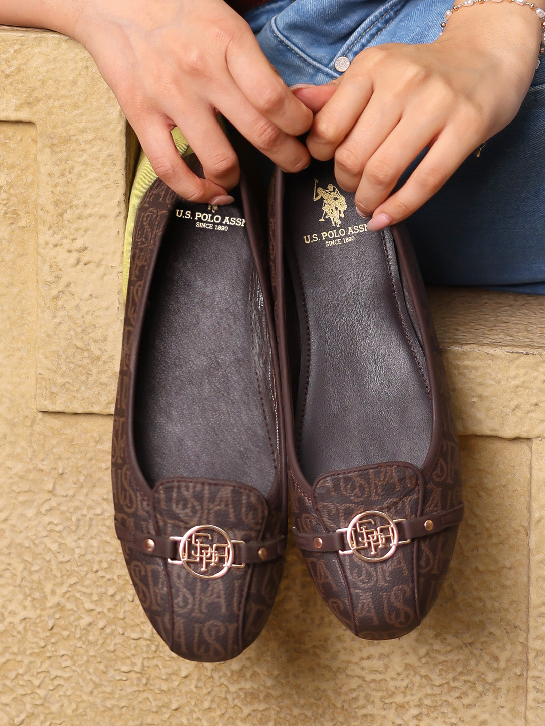 Alina 3.0 Brown Monogram Print Ballerinas Brown - U.S. Polo Assn. India | Large