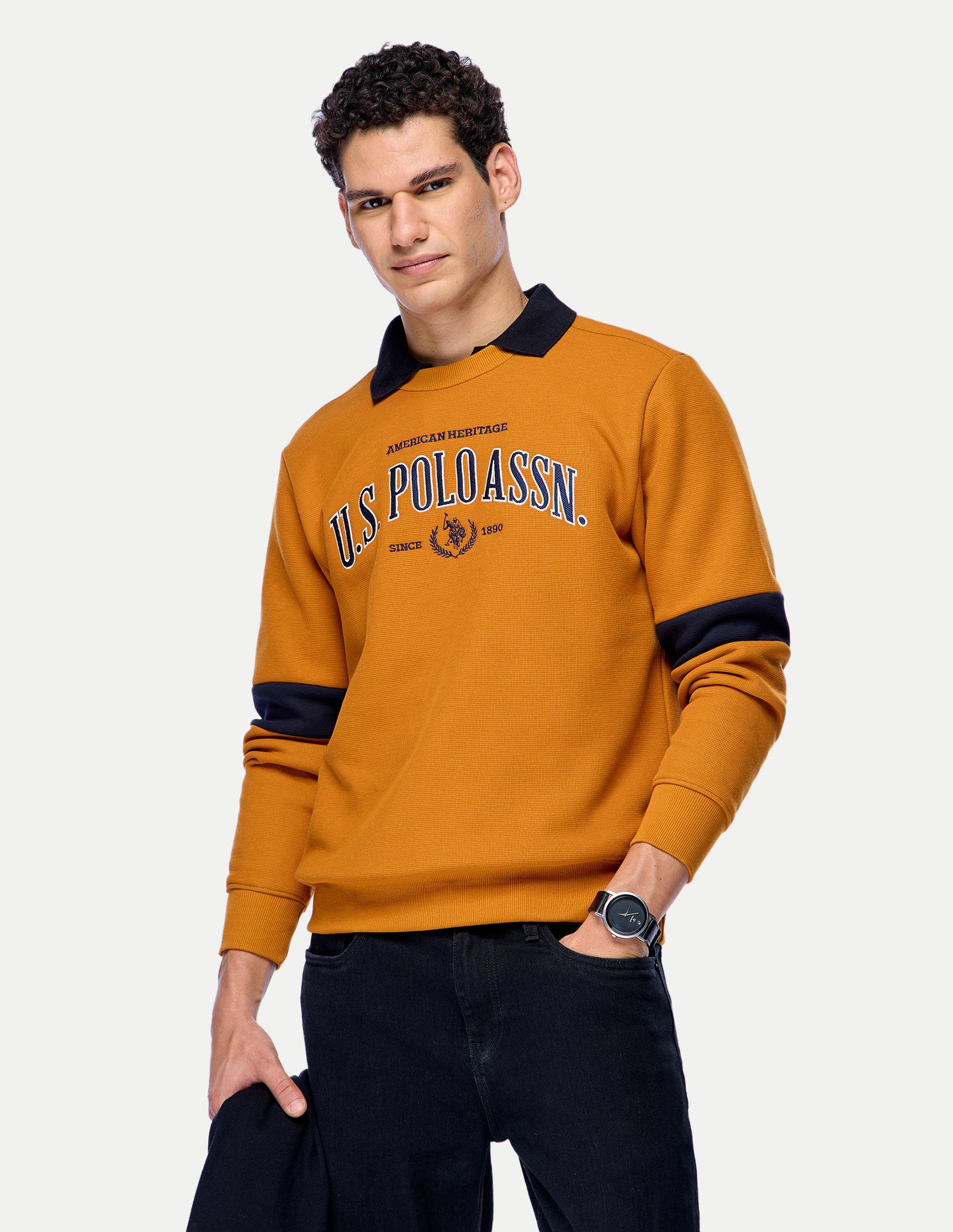 Brand Embroidered Slim Fit Sweatshirt Mustard - U.S. Polo Assn. India | Large