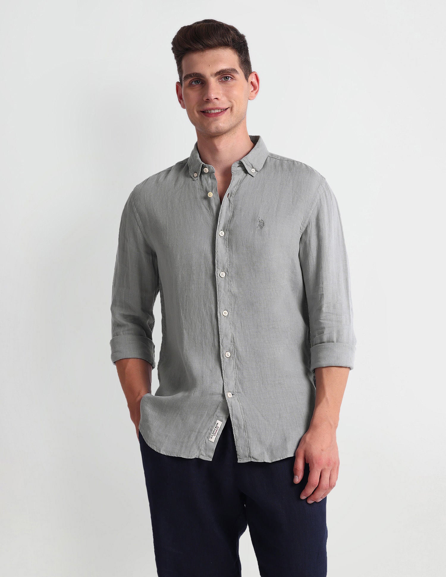 Slim Fit Solid Shirt Light Grey - U.S. Polo Assn. India | Large