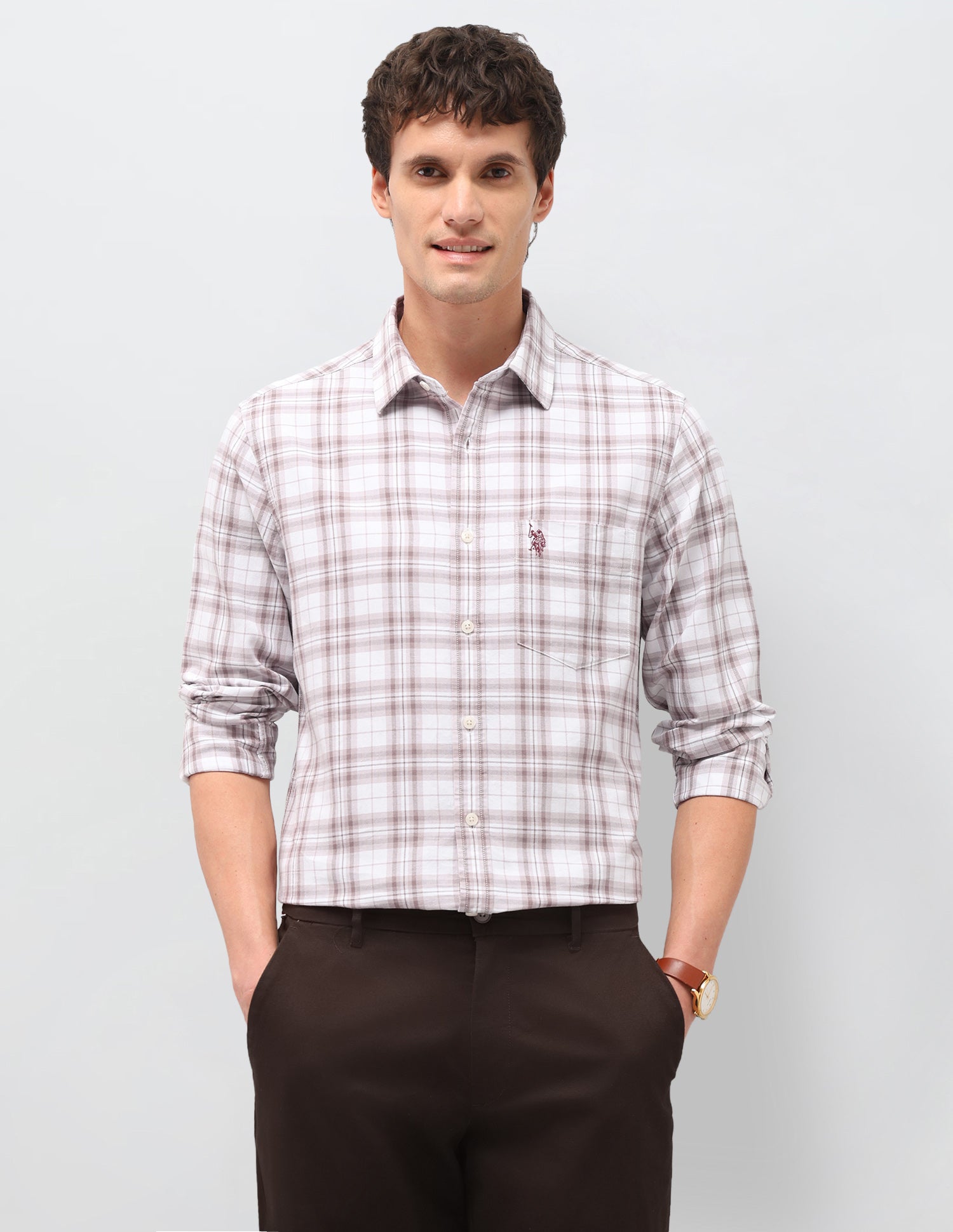 Tartan Checked Oxford Shirt Light Brown - U.S. Polo Assn. India | Large