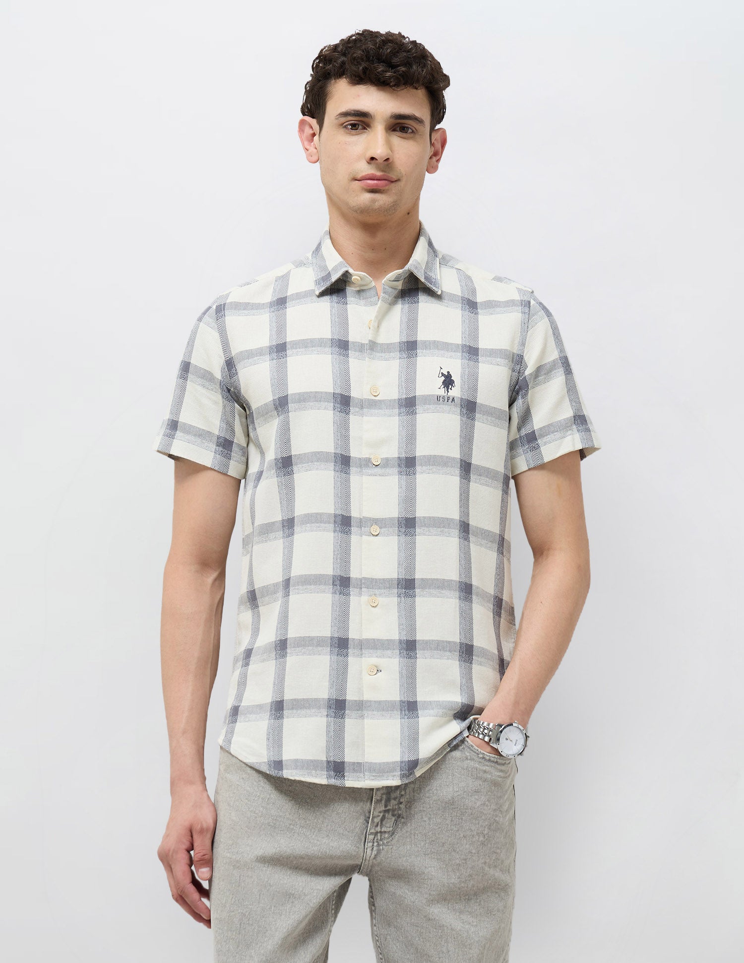 Regular Fit Textured With Grid Checked Shirt