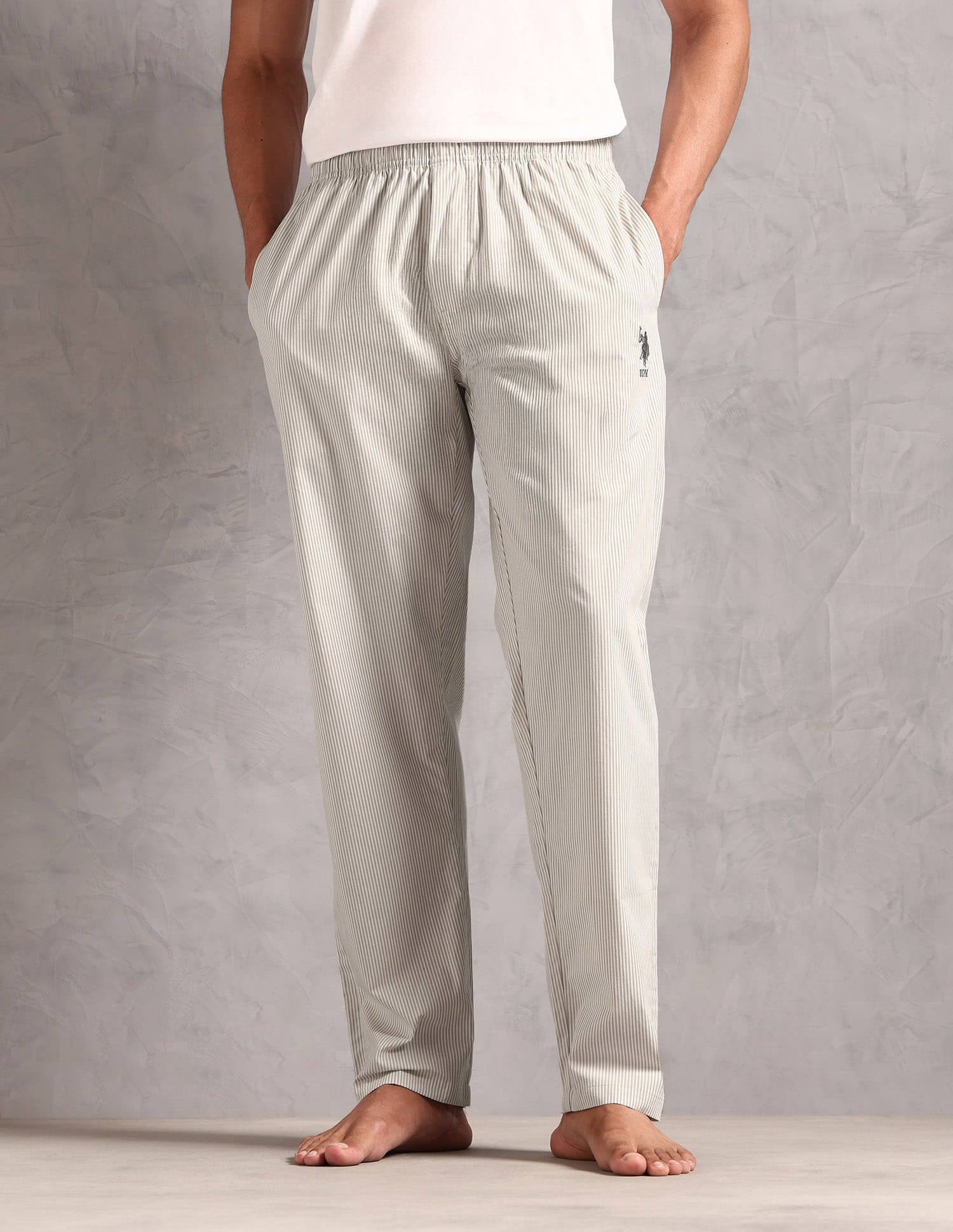 Pure Cotton Striped LP004 Lounge Pants - Pack Of 1 White and Greengrey - U.S. Polo Assn. India | Large