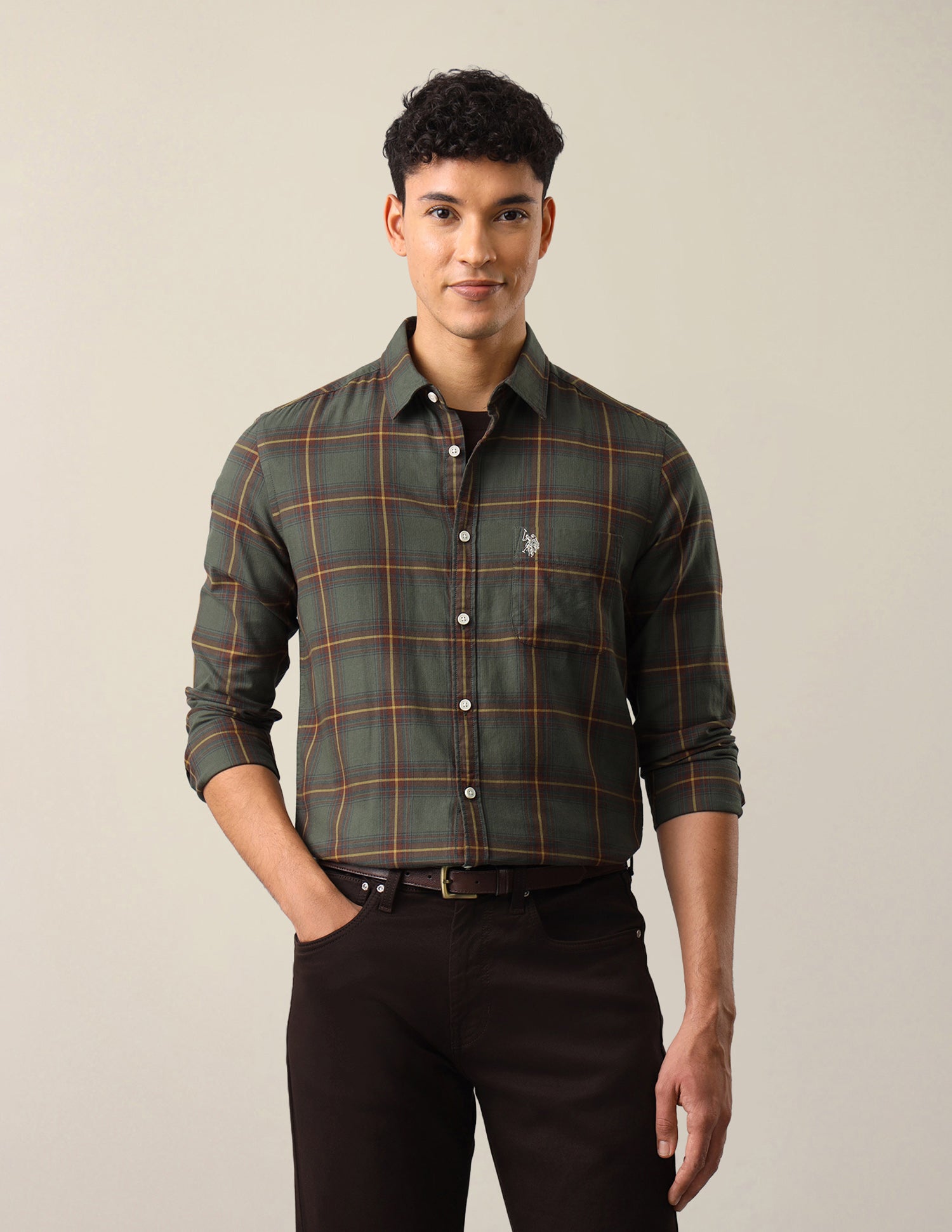 Twill Windowpane Checked Shirt Olive - U.S. Polo Assn. India | Large
