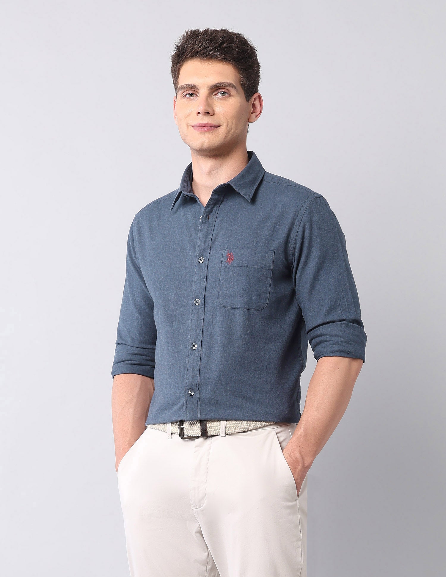 Regular Fit Pure Cotton Shirt Dark Blue - U.S. Polo Assn. India | Large