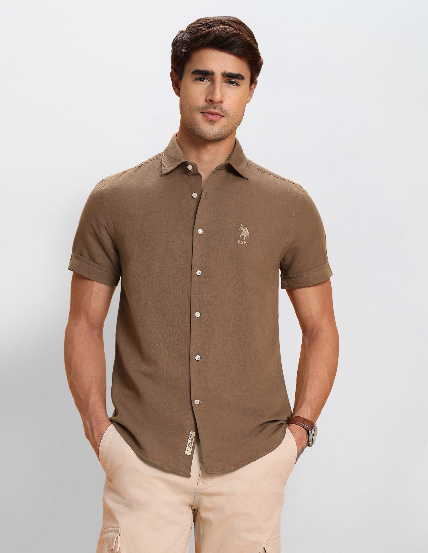 Solid Slim Fit Shirt Khaki - U.S. Polo Assn. India | Large