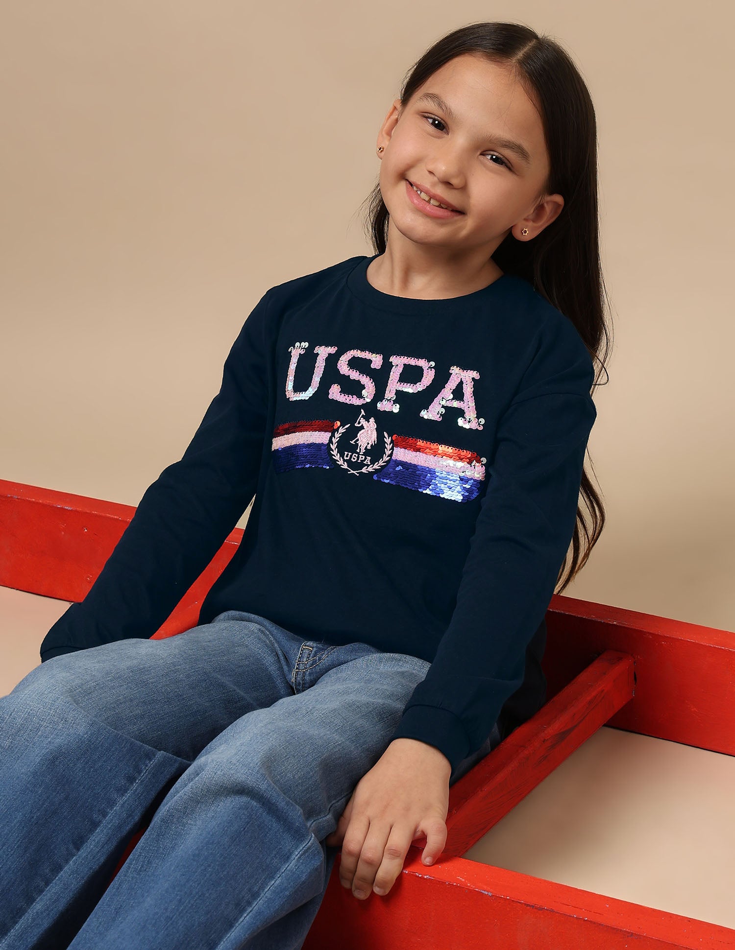 Girls Flip Sequin Cotton T-Shirt Navy - U.S. Polo Assn. India | Large