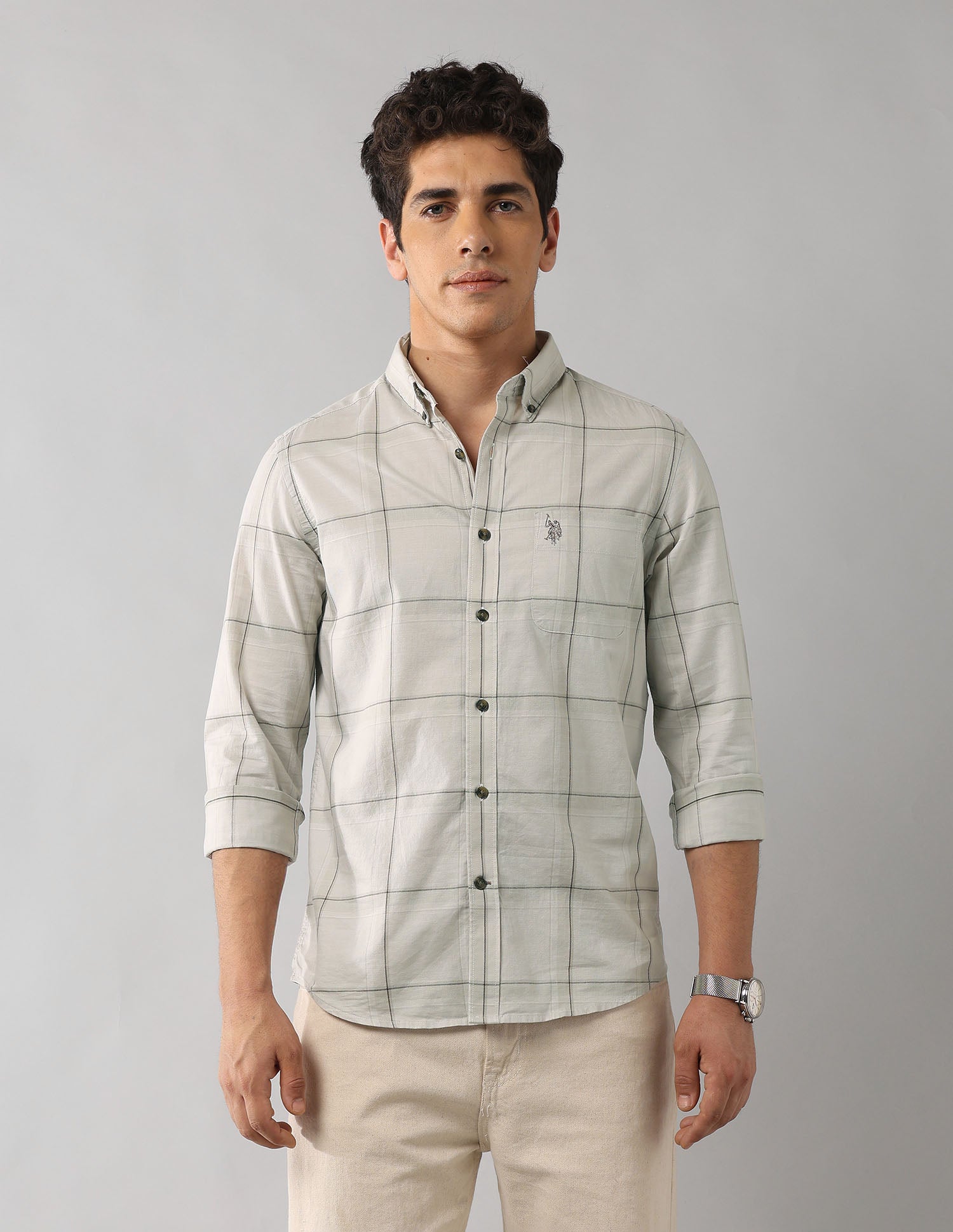 Regular Fit Windowpane Checked Shirt Khaki - U.S. Polo Assn. India | Large