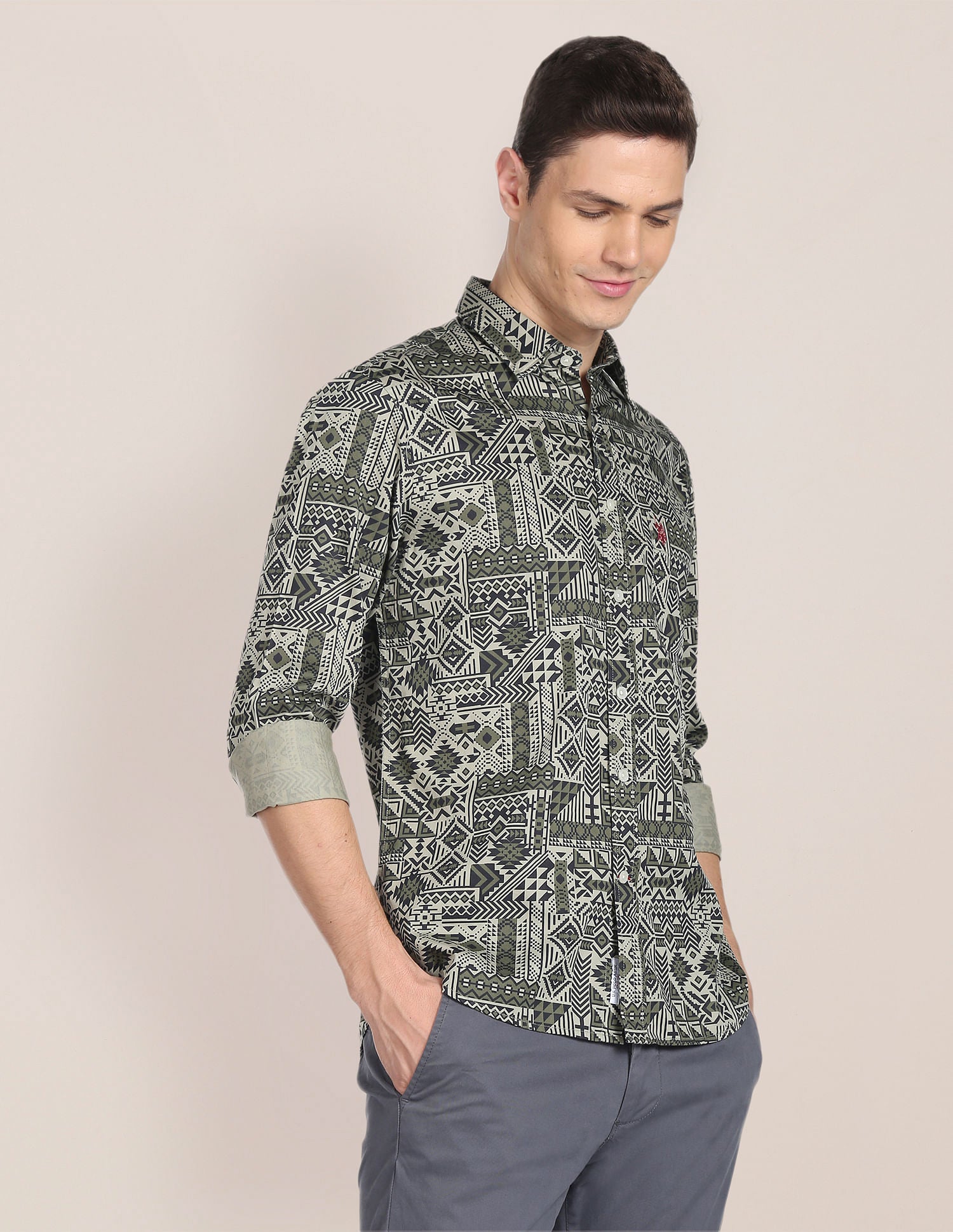 Spread Collar Geometric Print Shirt Olive - U.S. Polo Assn. India | Large
