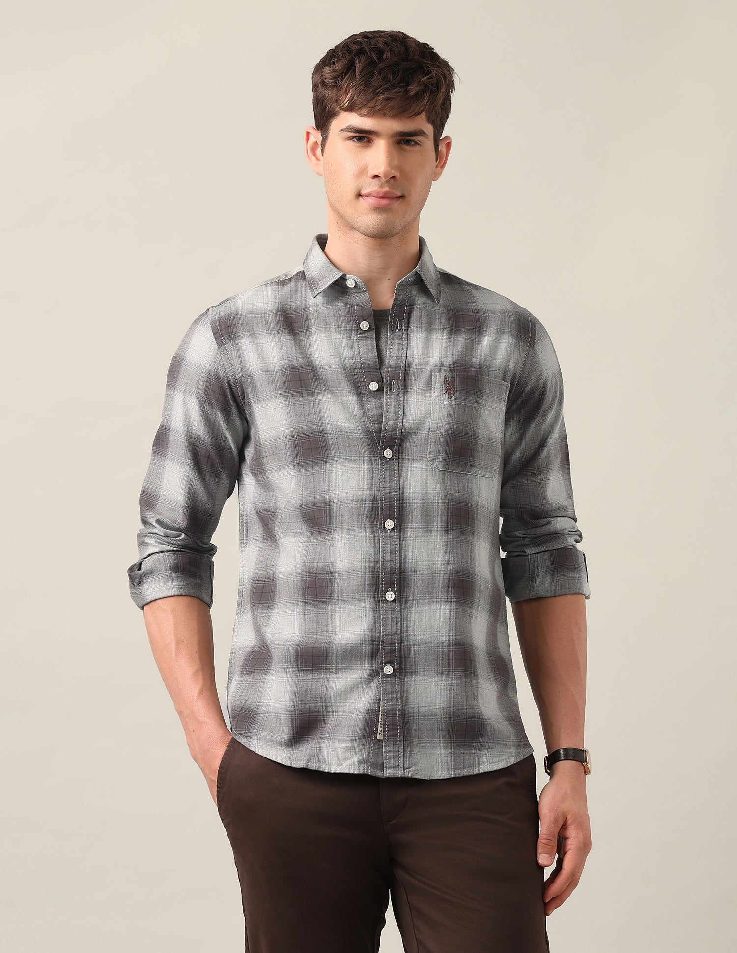 Plaid Checked Twill Shirt Light Brown - U.S. Polo Assn. India | Large