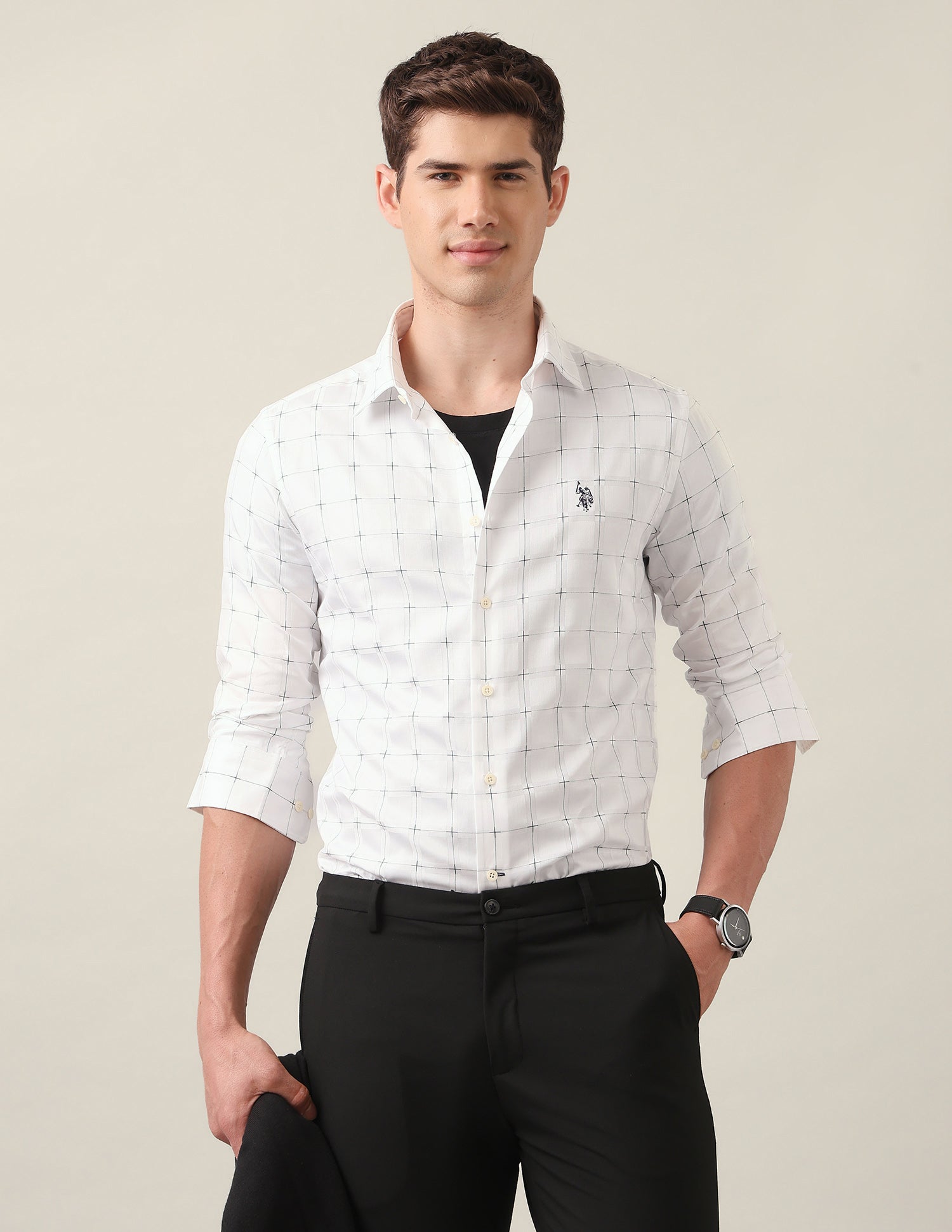 Windowpane Checked Satin Shirt White - U.S. Polo Assn. India | Large