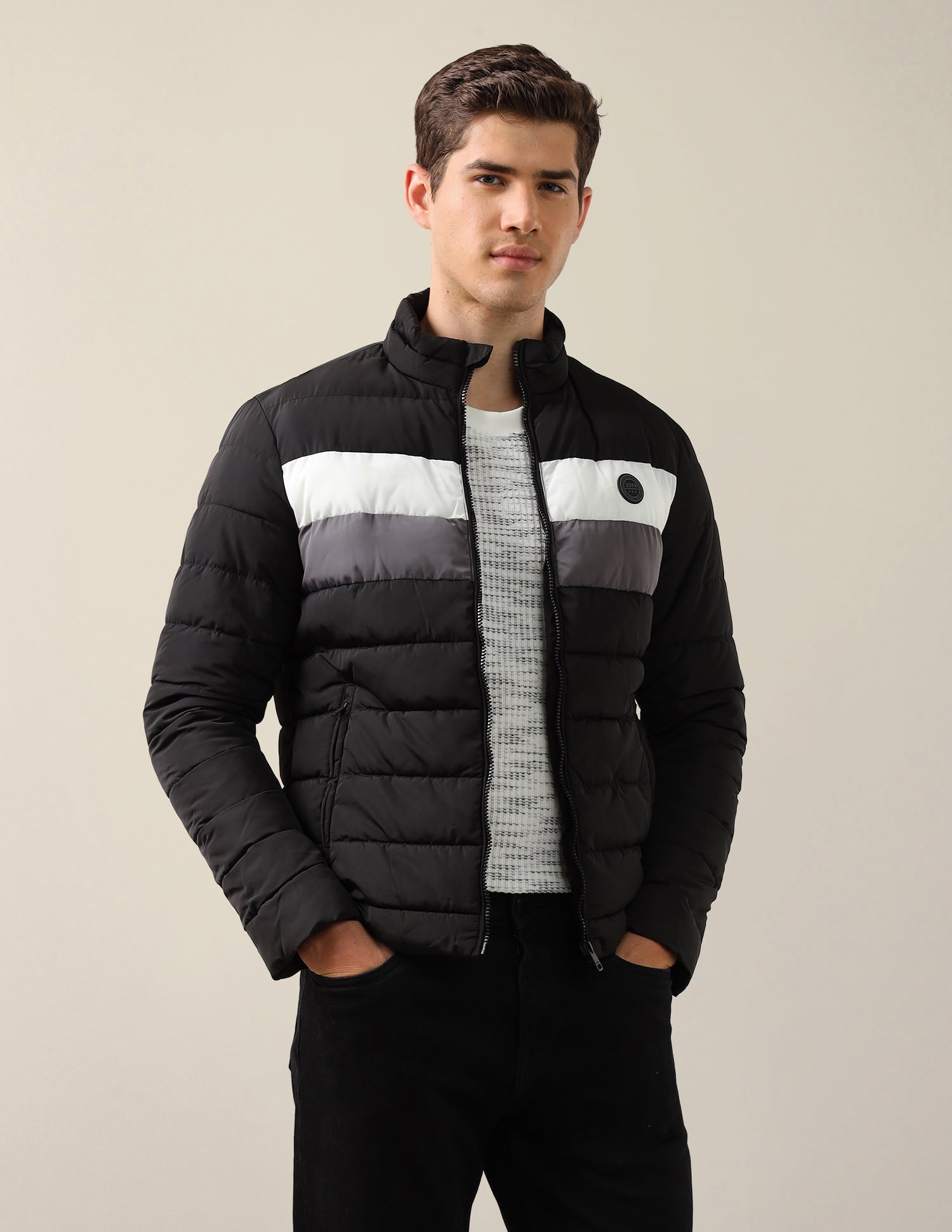 High Neck Striped Puffer Jacket Black - U.S. Polo Assn. India | Large