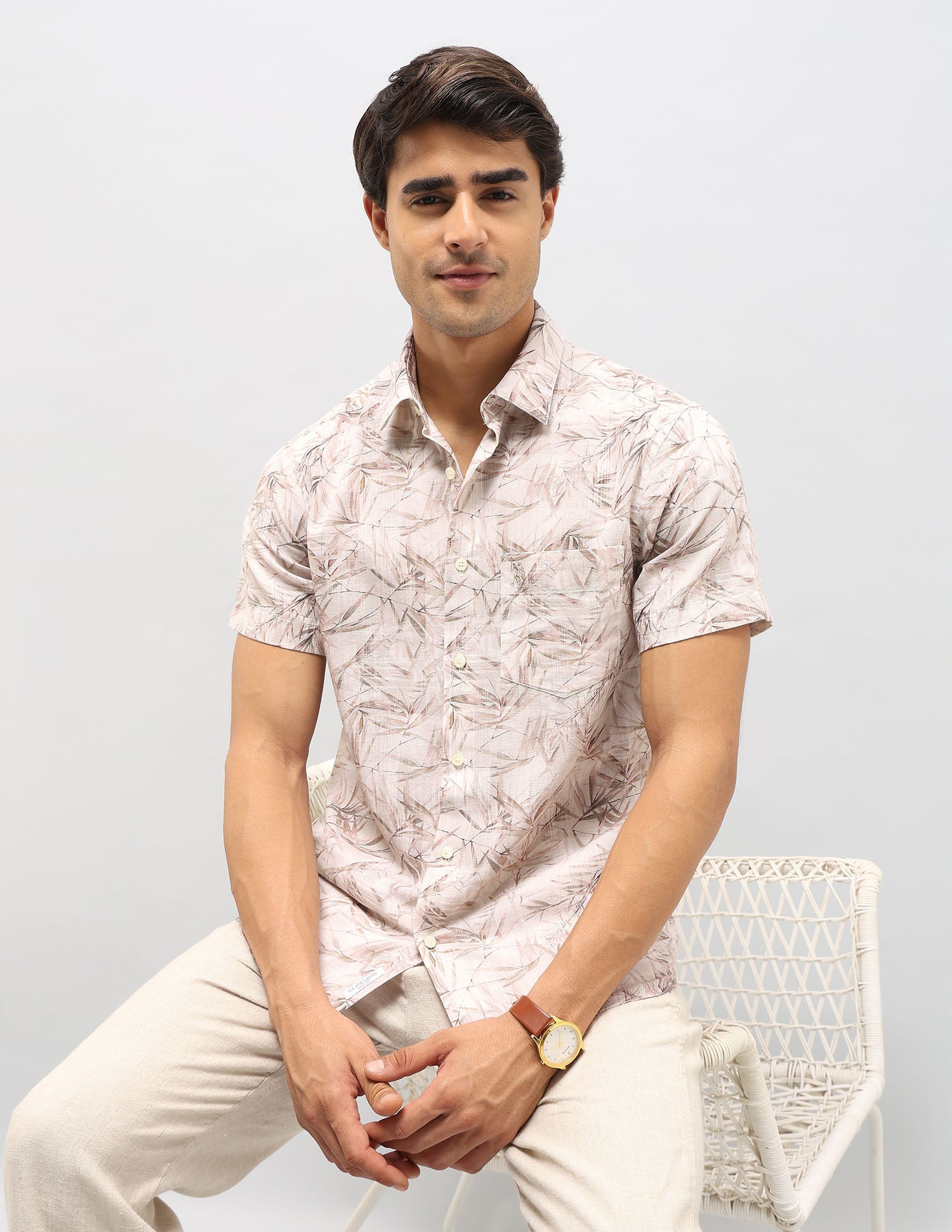 Tropical Printed Tailored Fit Shirt Light Khaki - U.S. POLO ASSN. | Large