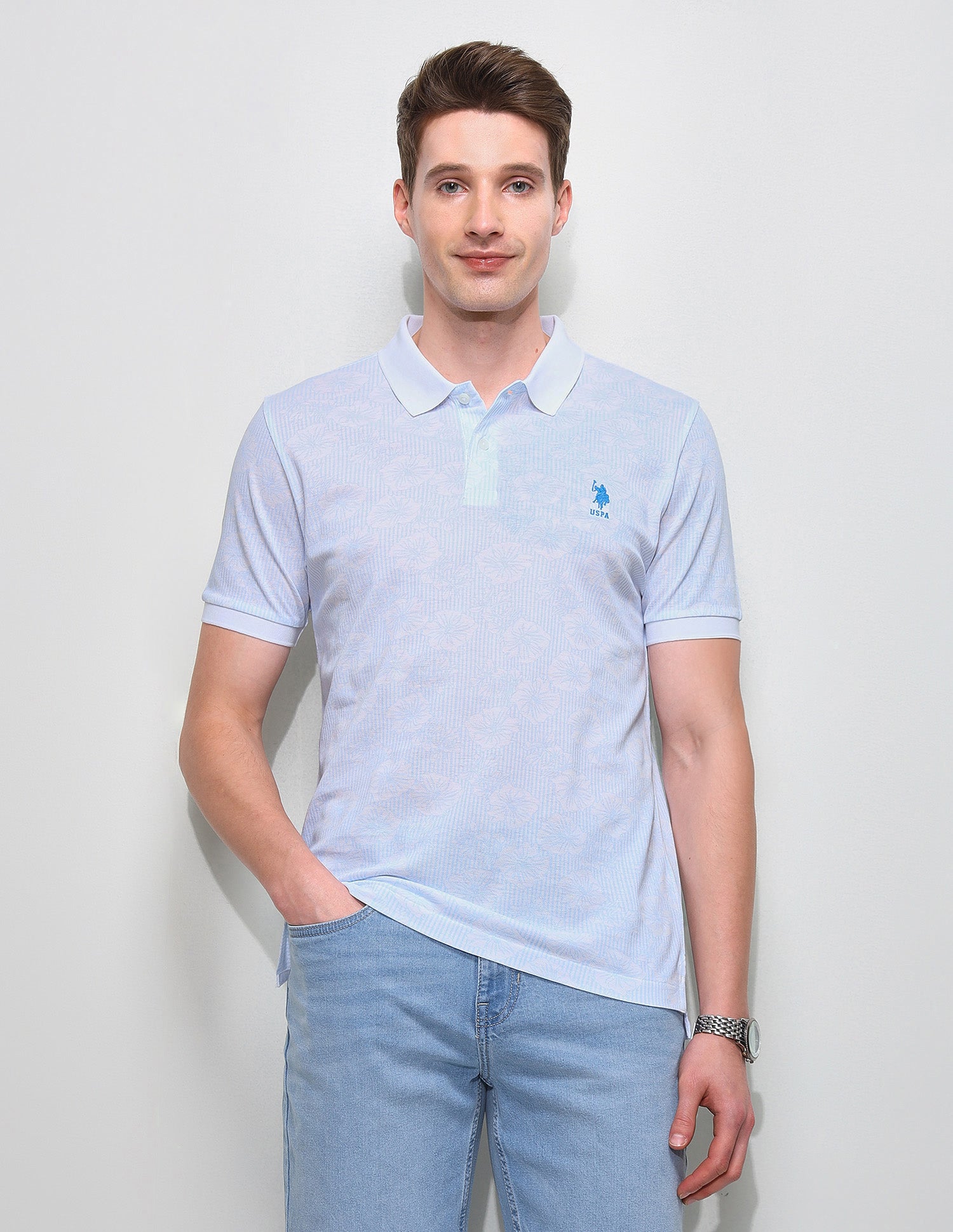 Floral Vertical Striped Slim Fit Polo Shirt Light Blue - U.S. Polo Assn. India | Large