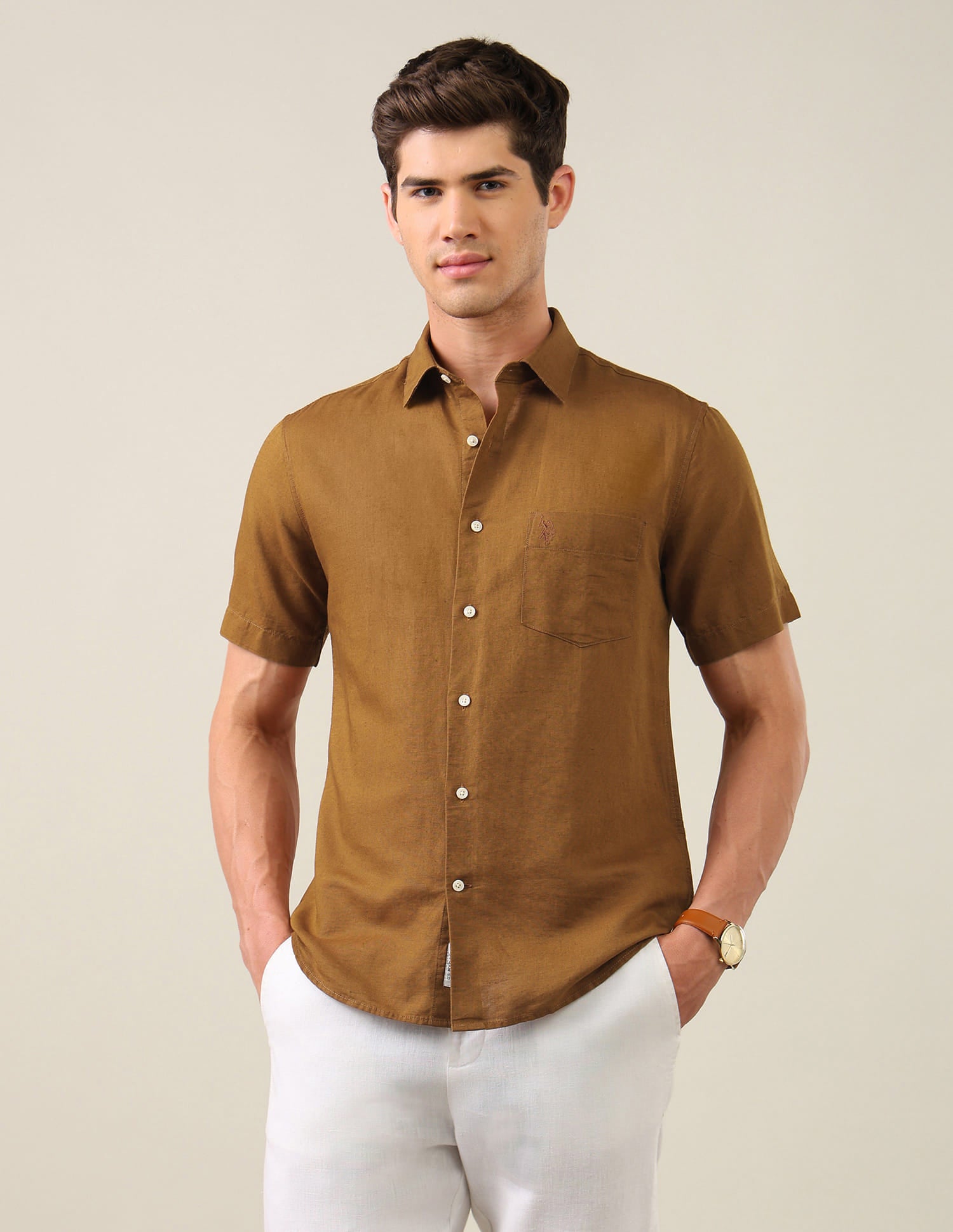 Solid Tailored Fit Shirt Brown - U.S. Polo Assn. India | Large