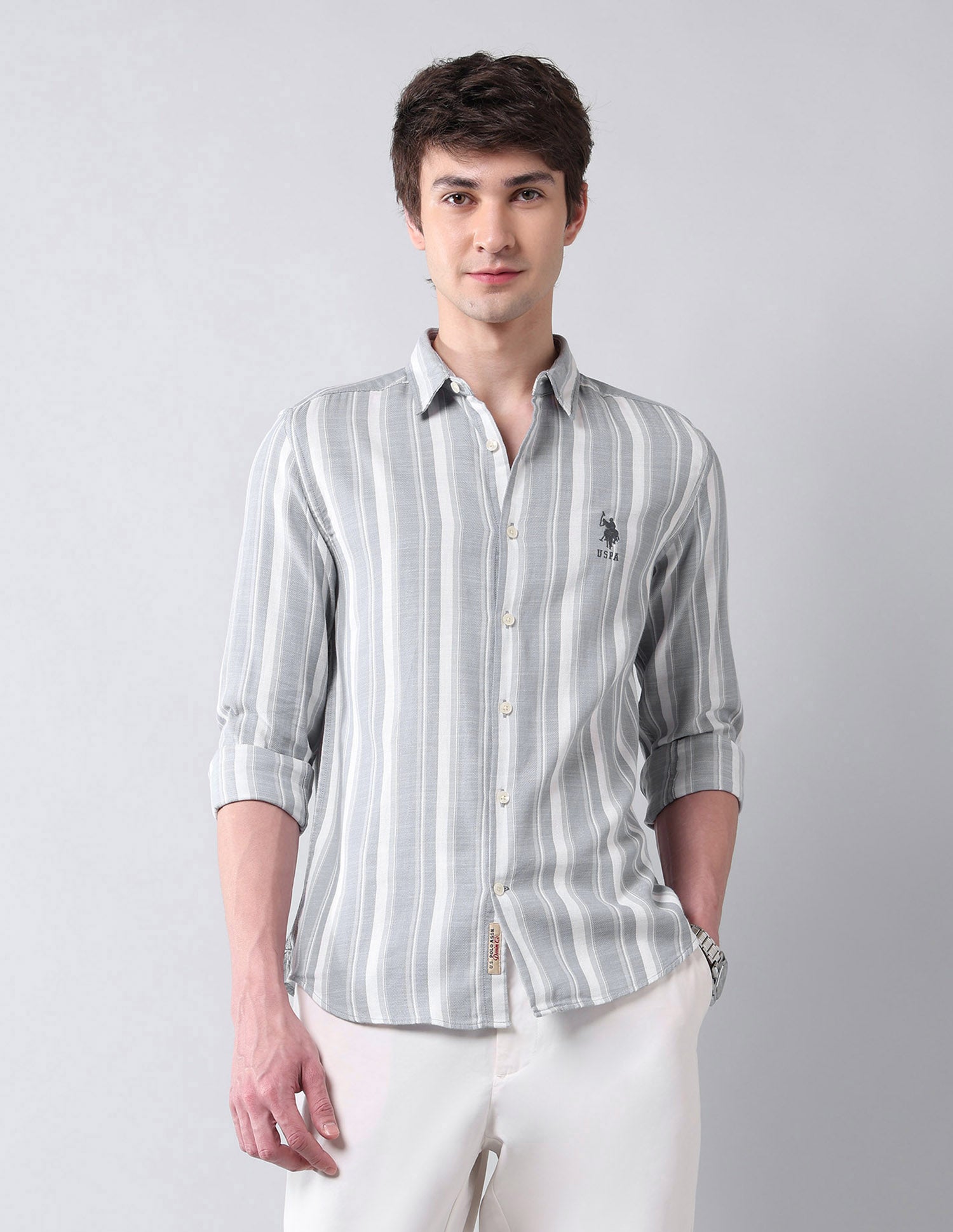 Vertical Striped Regular Fit Shirt Light Grey - U.S. Polo Assn. India | Large