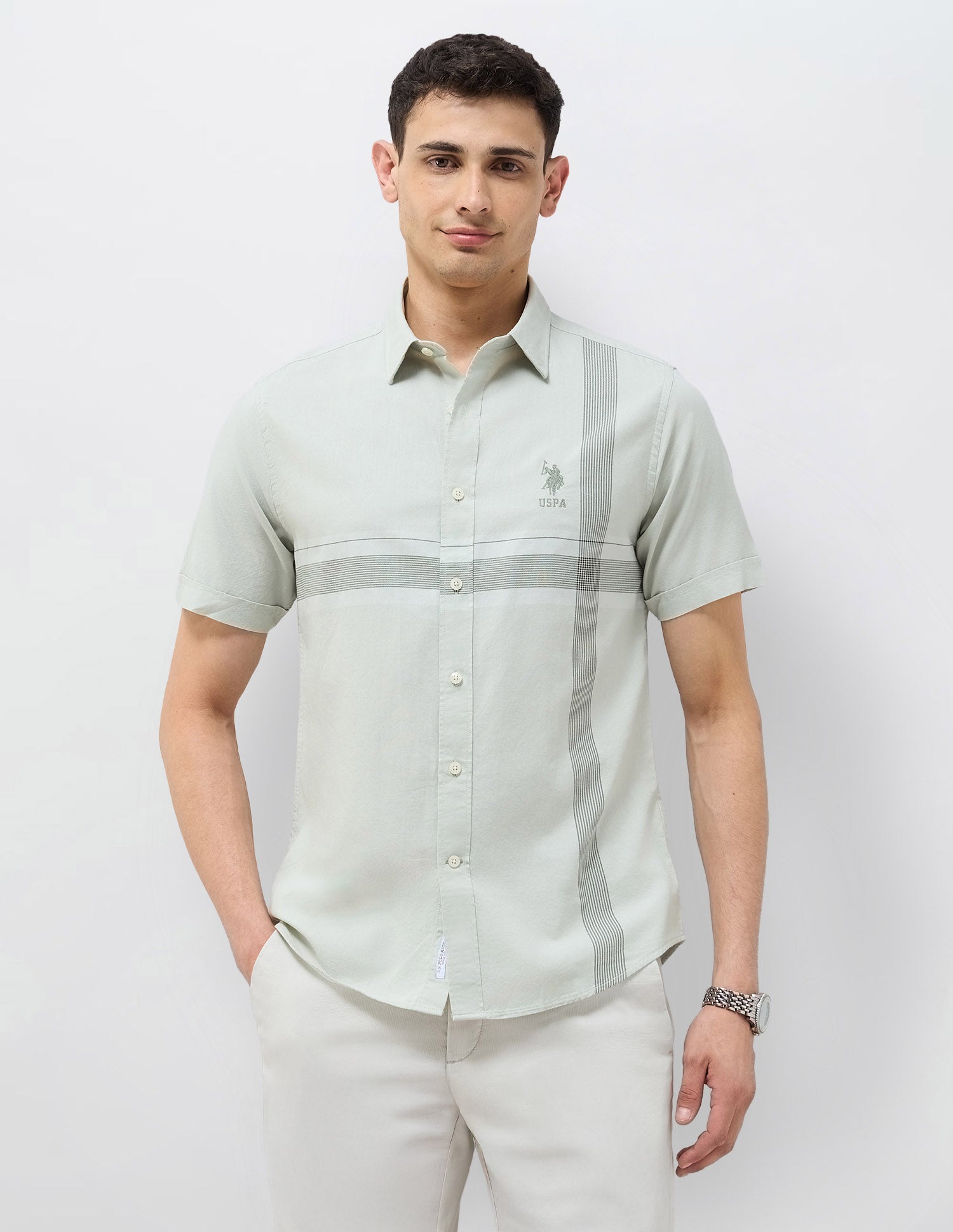 Tailored Fit Vertical Striped Shirt Green - U.S. Polo Assn. India | Large
