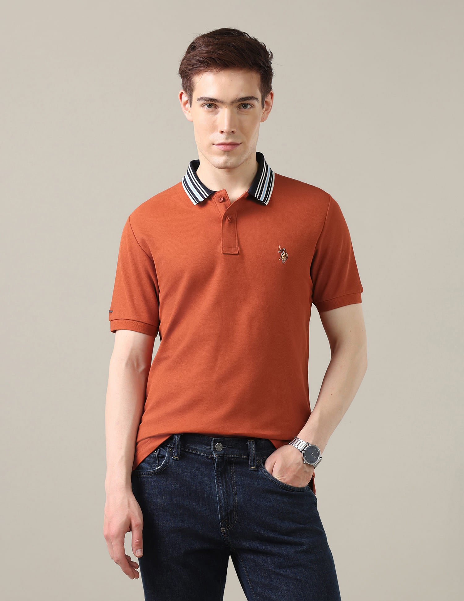 Solid Slim Fit Polo Shirt Orange - U.S. Polo Assn. India | Large