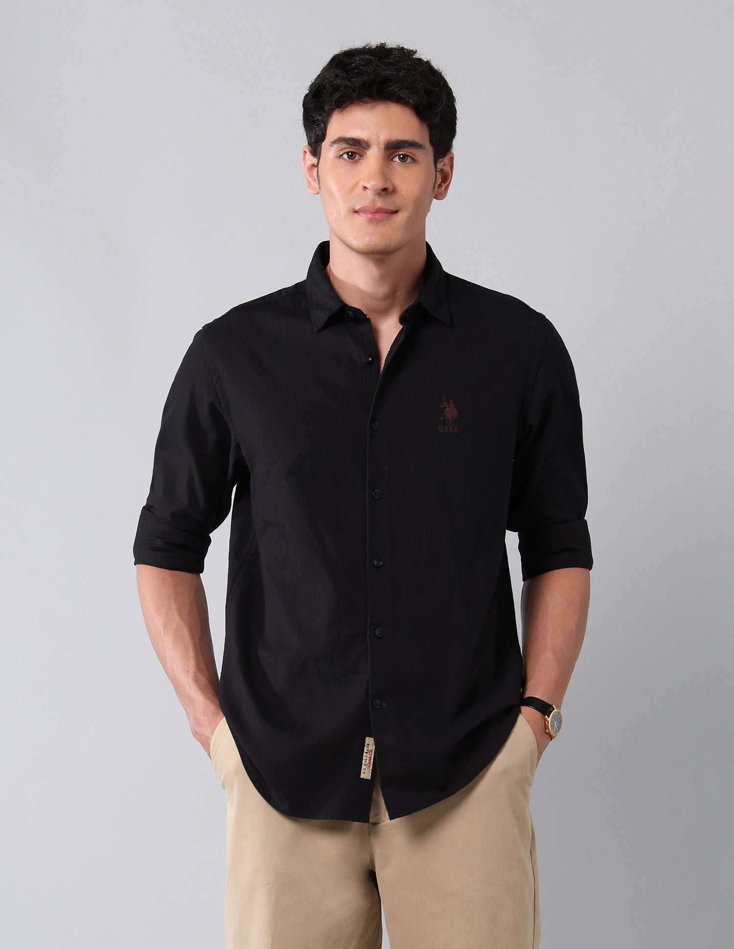Pure Cotton Regular Fit Dobby Shirt Black - U.S. Polo Assn. India | Large