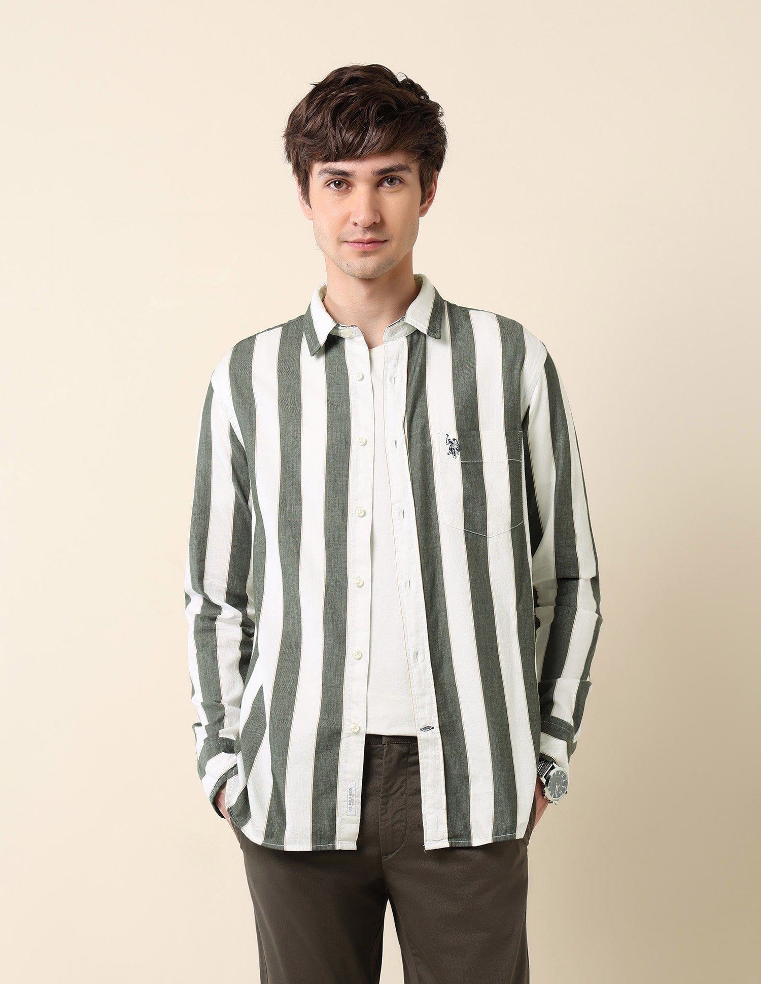 Vertical Striped Pure Cotton Shirt Green - U.S. Polo Assn. India | Large