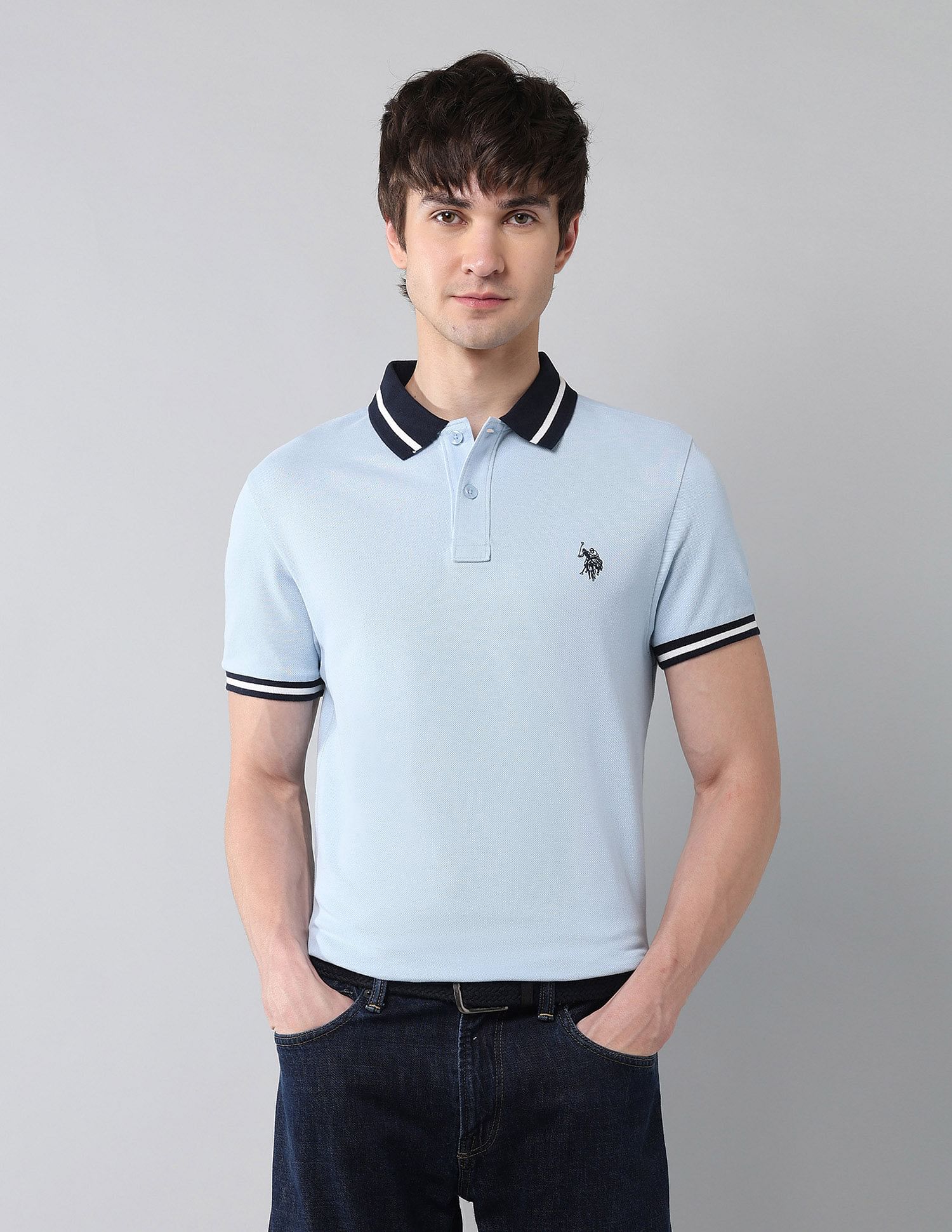 Pure Cotton Muscle Fit Polo Shirt Light Blue - U.S. Polo Assn. India | Large