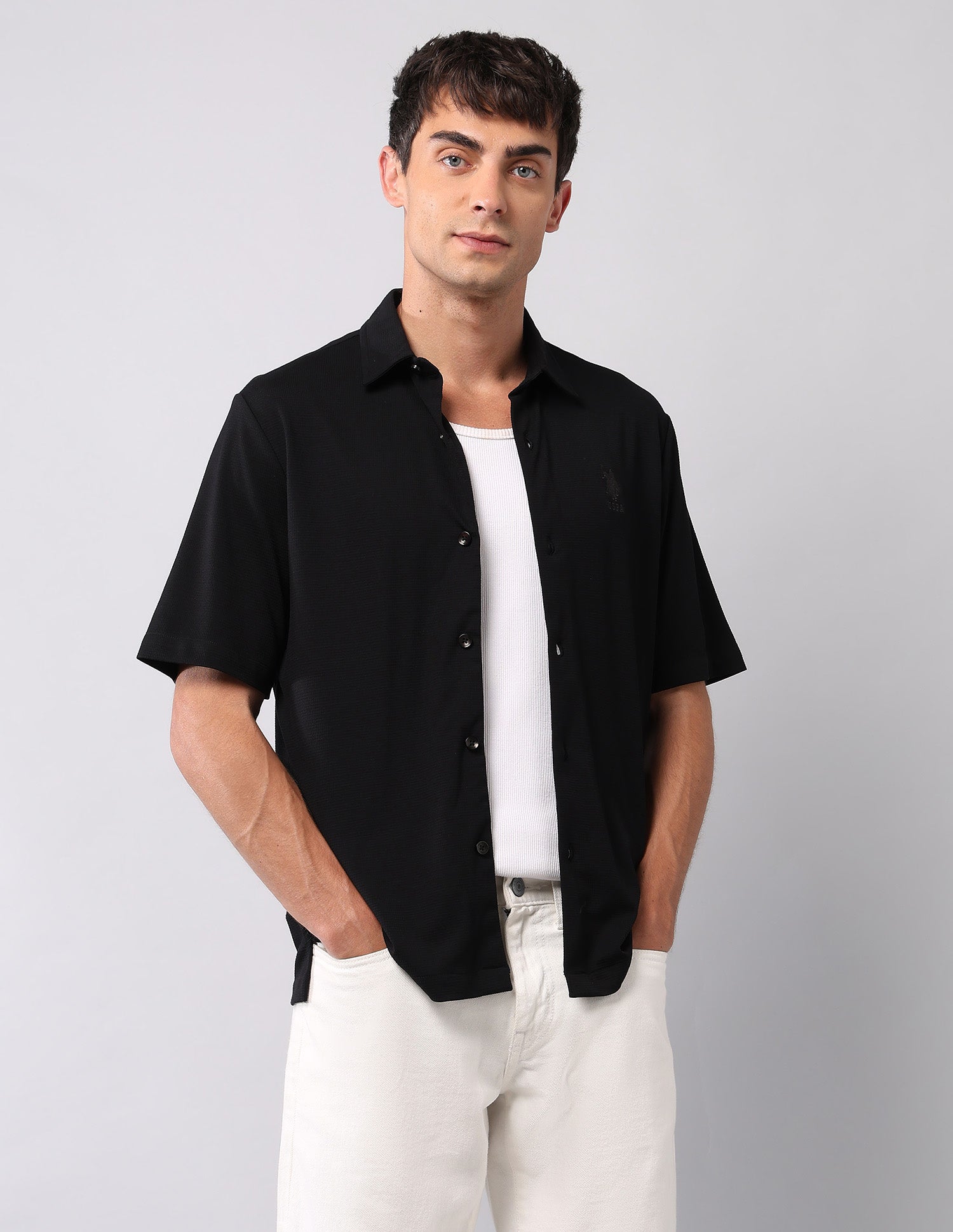 Relaxed Fit Knitted Pure Cotton Shirt Black - U.S. Polo Assn. India | Large