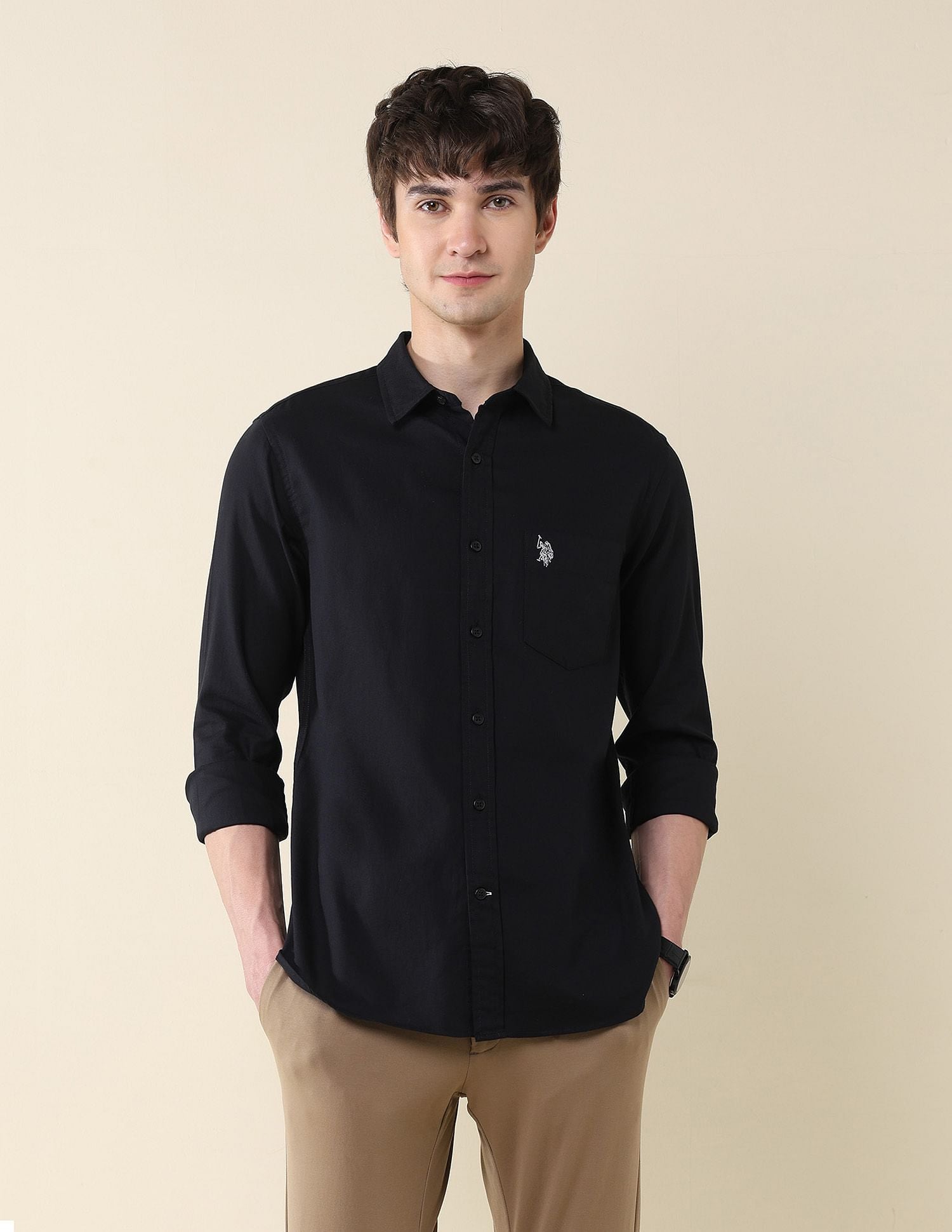 Solid Birds Eye Dobby Shirt Black - U.S. Polo Assn. India | Large