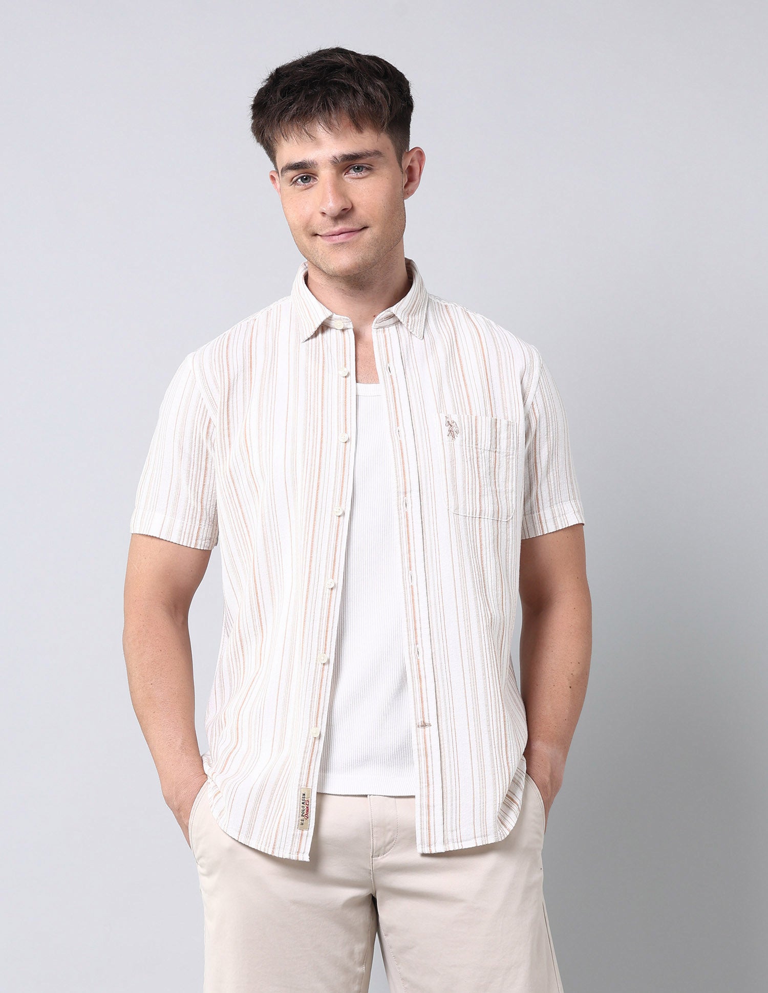 Vertical Striped Pure Cotton Shirt Ochre - U.S. Polo Assn. India | Large