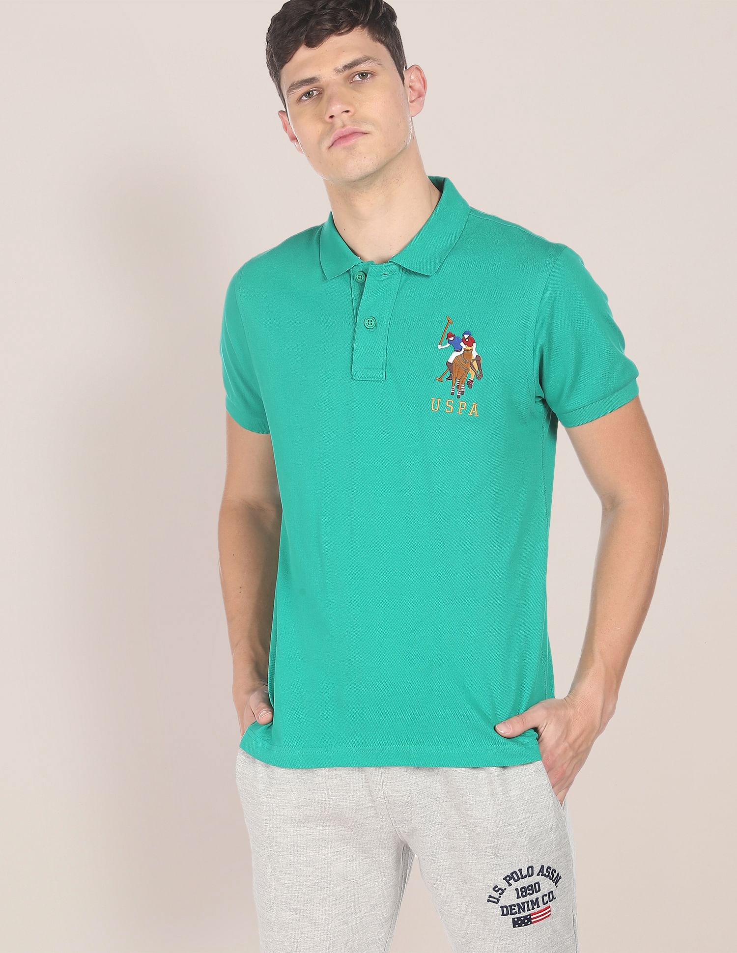 Men Teal Cotton Solid Polo Shirt Teal - U.S. POLO ASSN. | Large