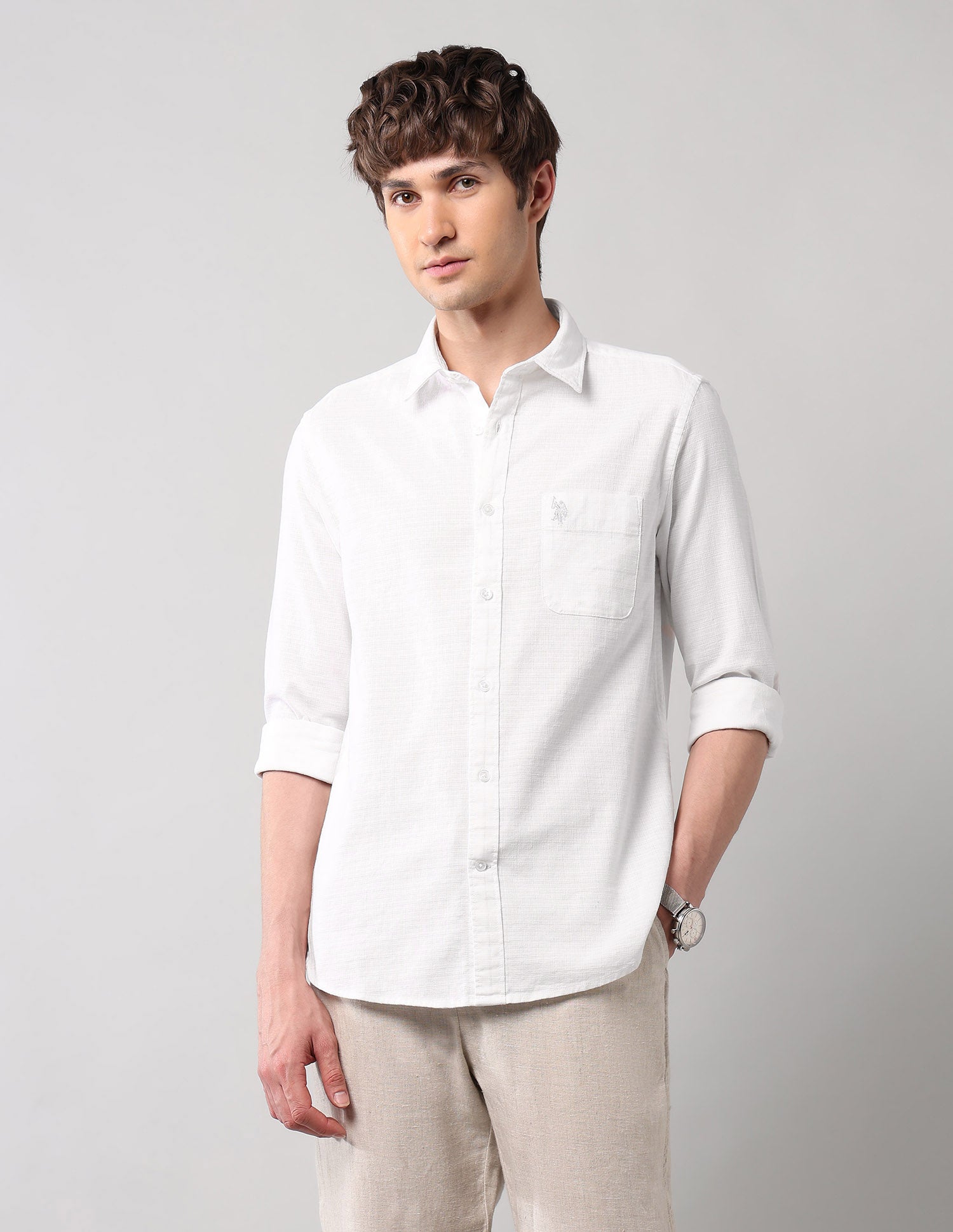 Textured Pure Cotton Shirt White - U.S. Polo Assn. India | Large