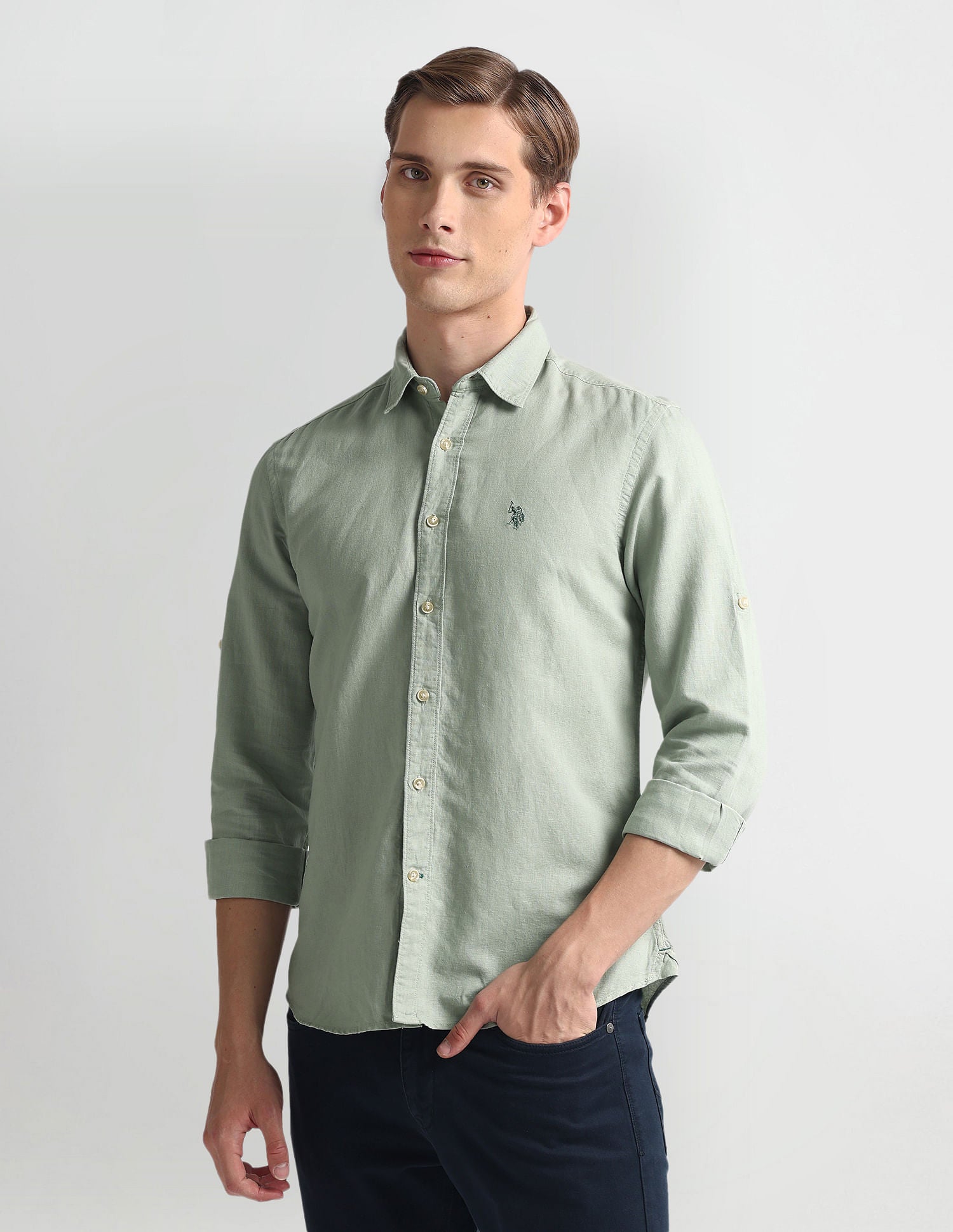 Slim Fit Solid Shirt Light Green - U.S. Polo Assn. India | Large