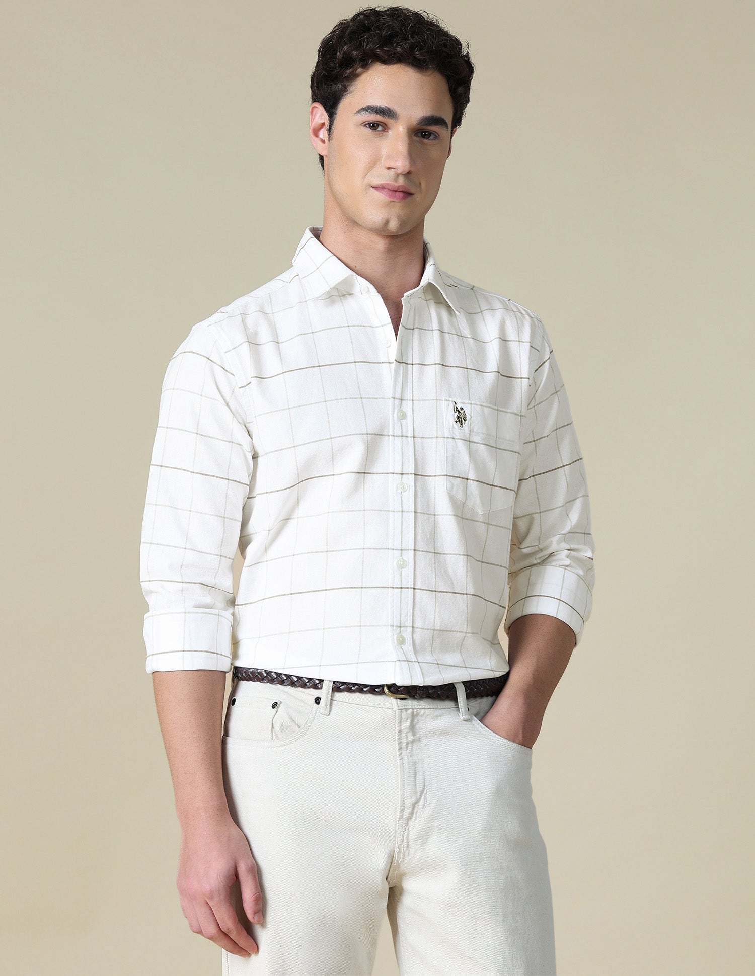 Windowpane Checked Oxford Shirt Beige - U.S. Polo Assn. India | Large