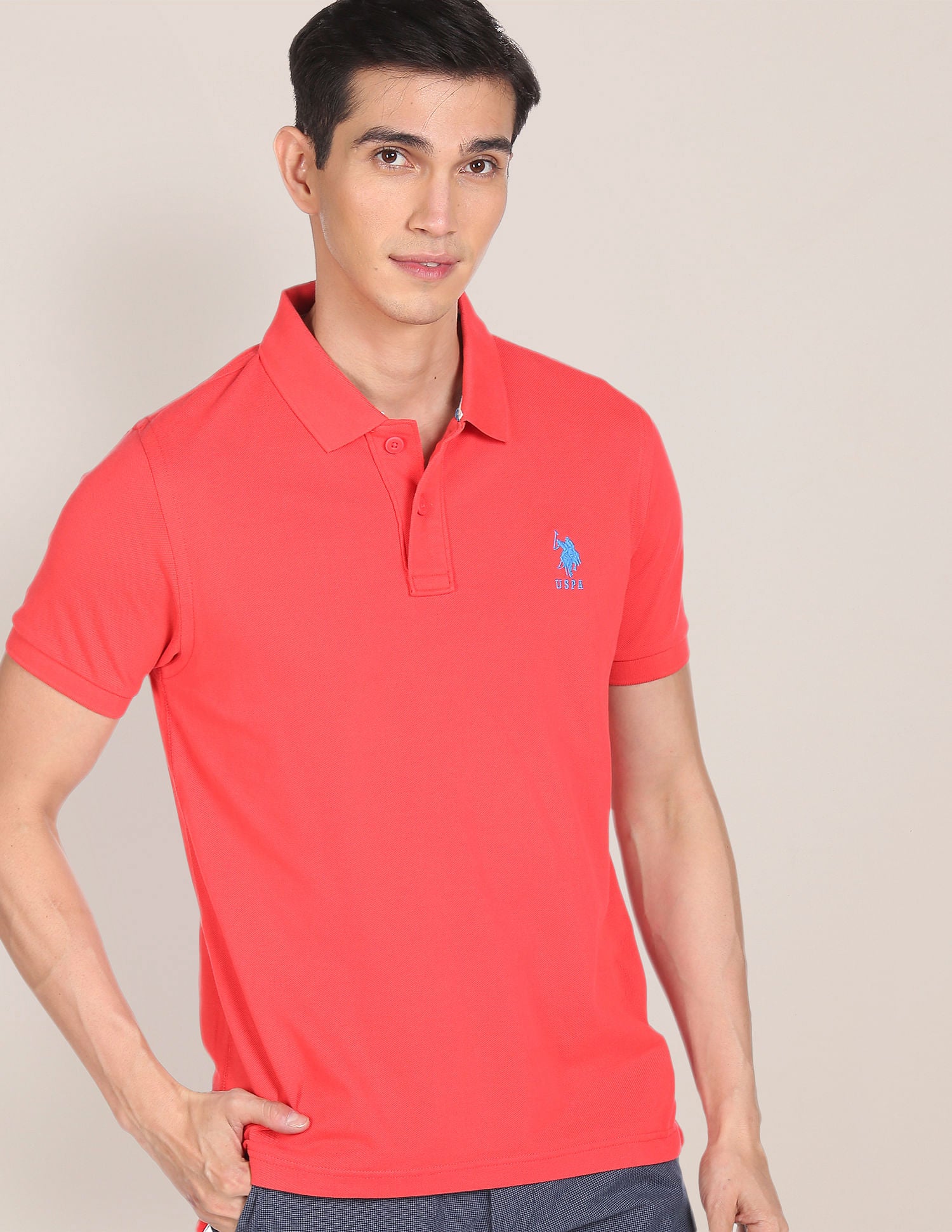 Ribbed Collar Solid Polo Shirt Coral - U.S. POLO ASSN. | Large