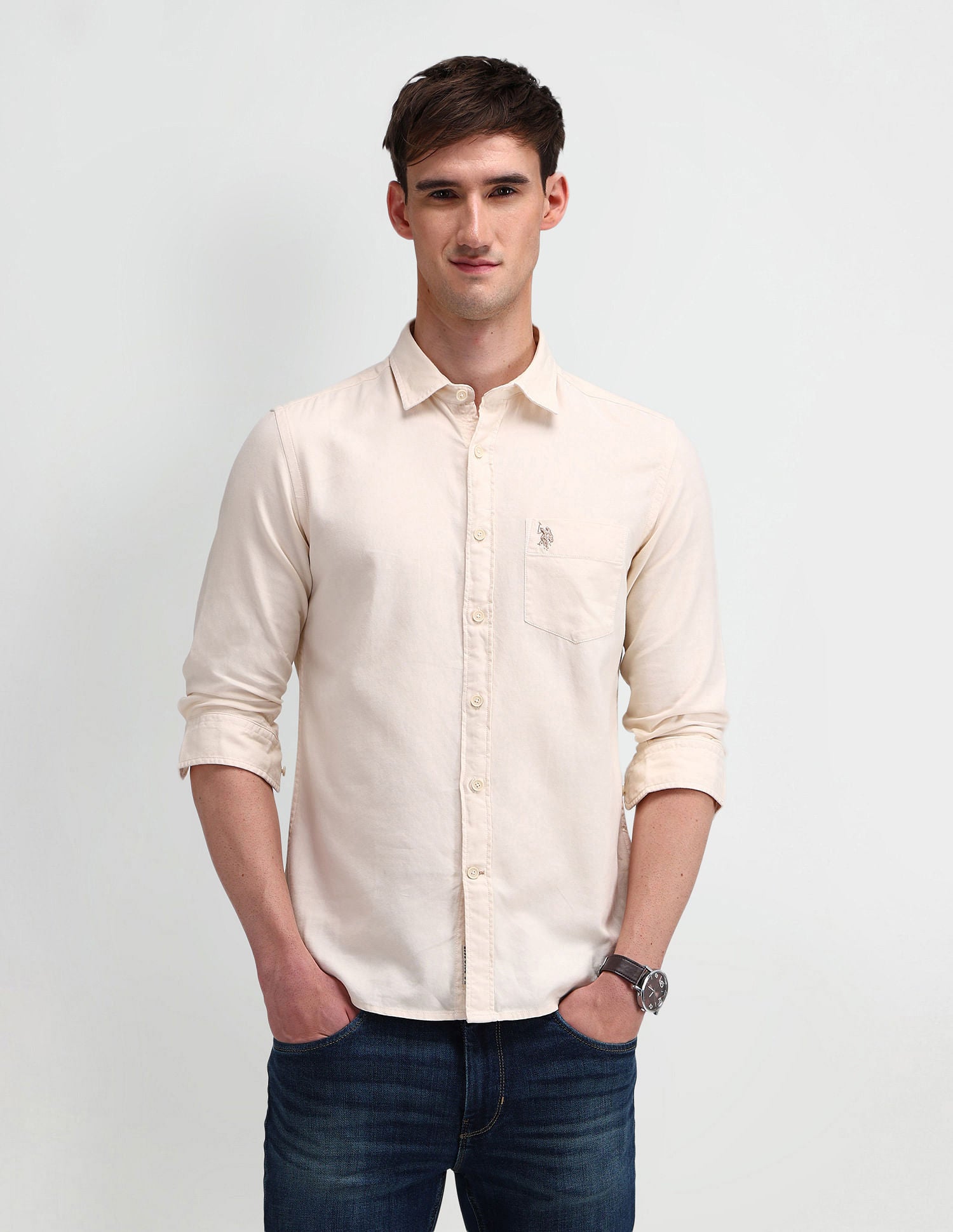 Slim Fit Solid Shirt Off-White - U.S. Polo Assn. India | Large