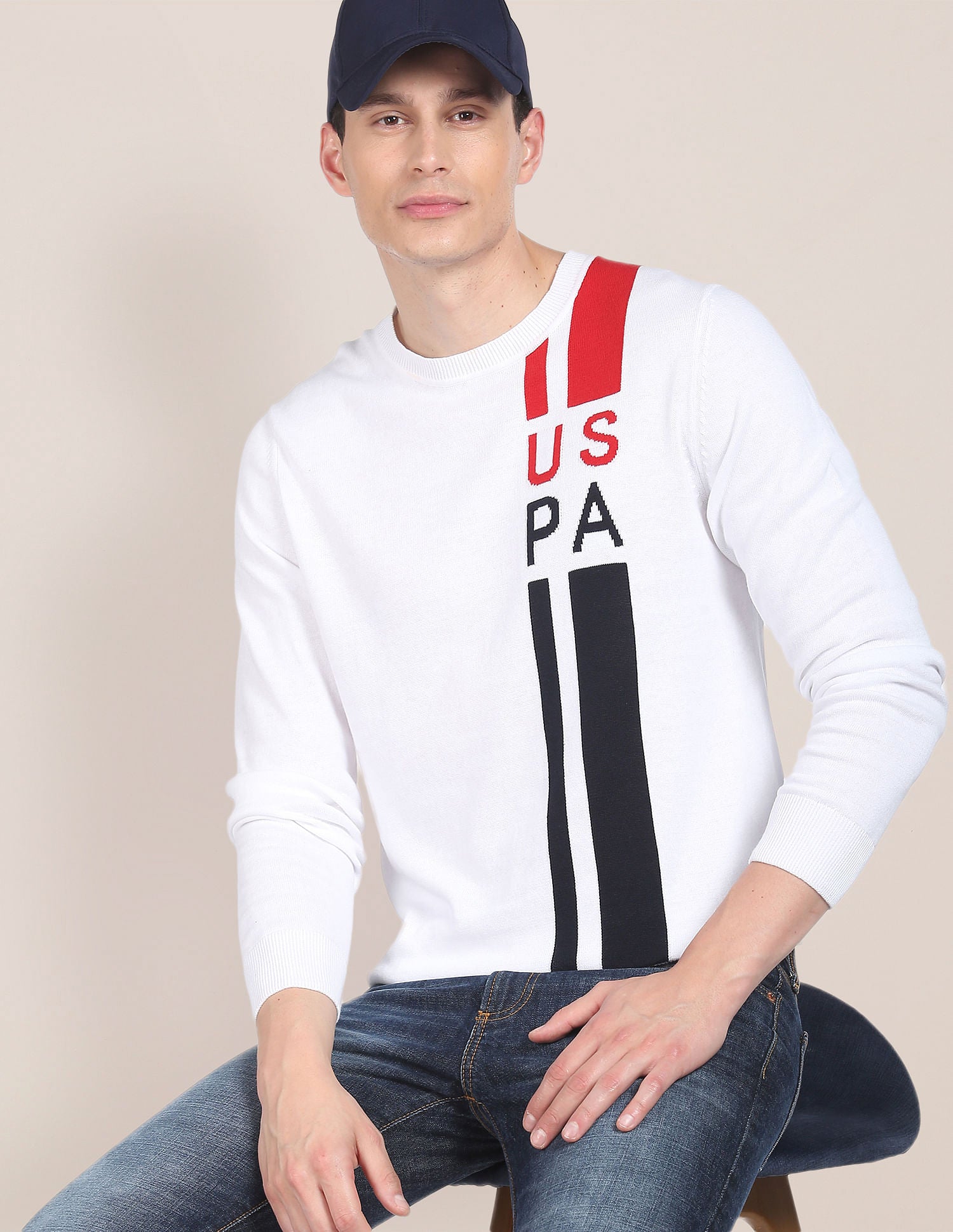 Crew Neck Patterned Knit Sweater White - U.S. Polo Assn. India | Large