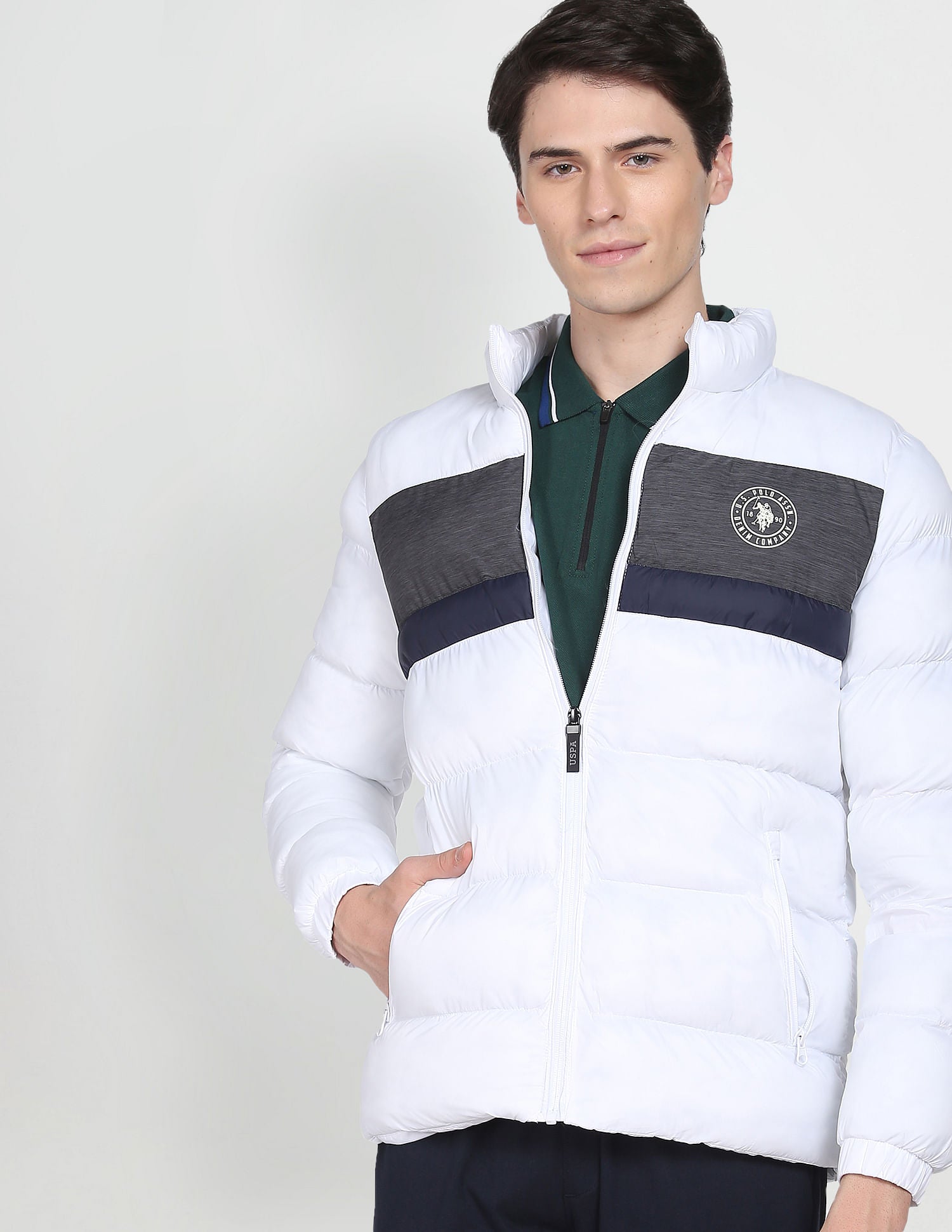 High Neck Colour Block Puffer Jacket White - U.S. POLO ASSN. | Large