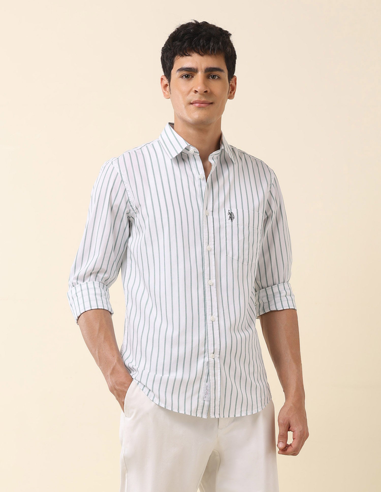Tailored Fit Vertical Striped Shirt Green - U.S. Polo Assn. India | Large