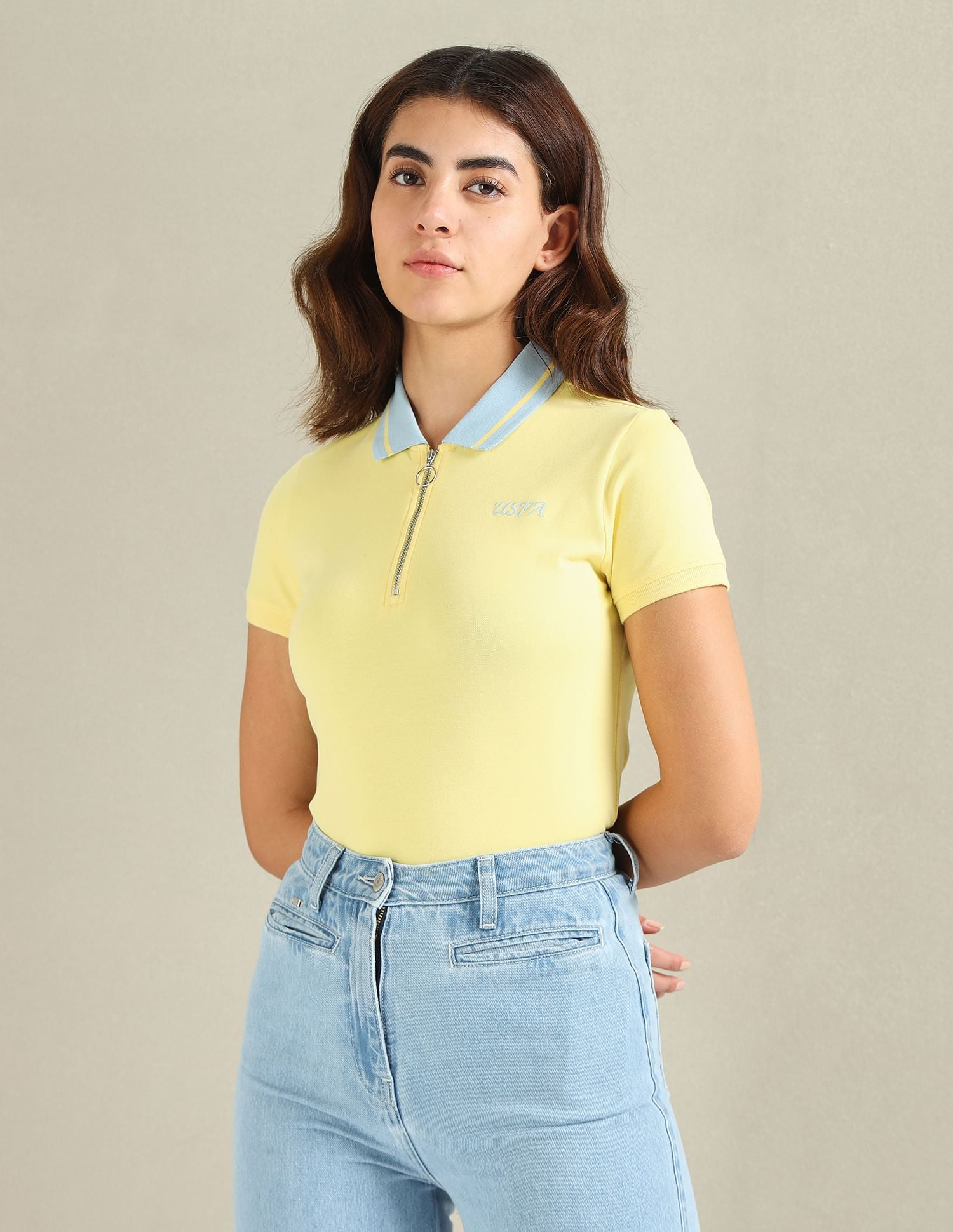 Striped Collar Zipper Polo Shirt