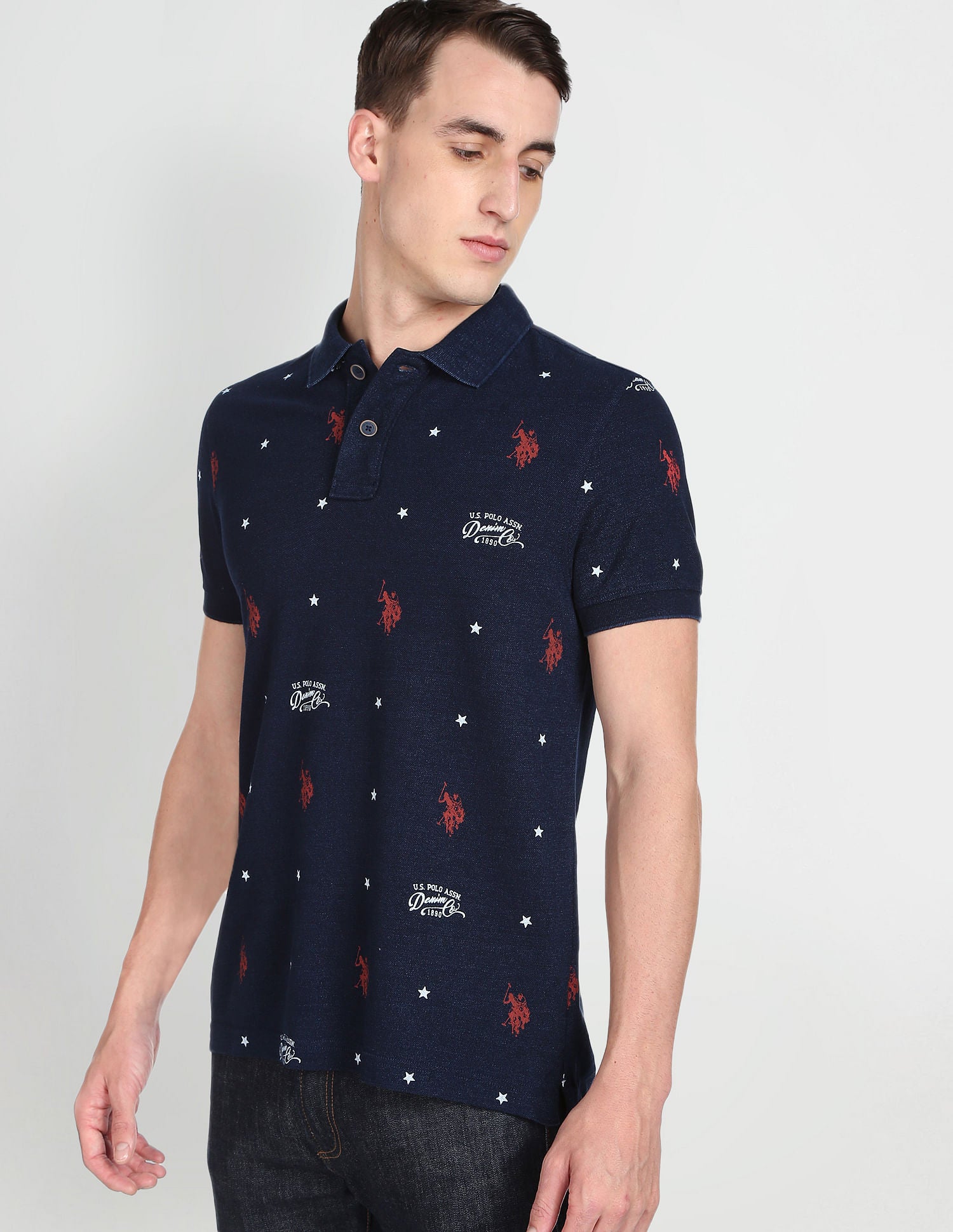 Ribbed Collar Pique Wash Cotton Polo Shirt Indigo - U.S. Polo Assn. India | Large