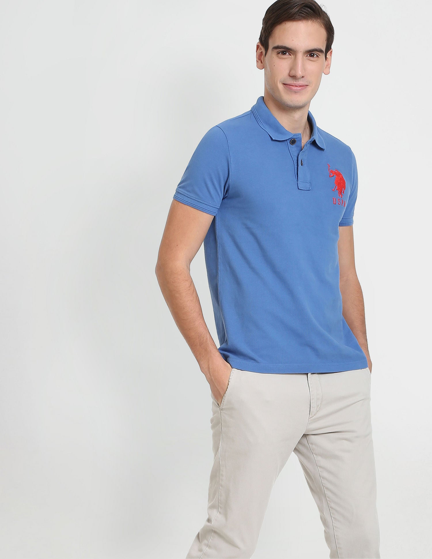 Ribbed Collar Pique Polo Shirt Blue - U.S. Polo Assn. India | Large