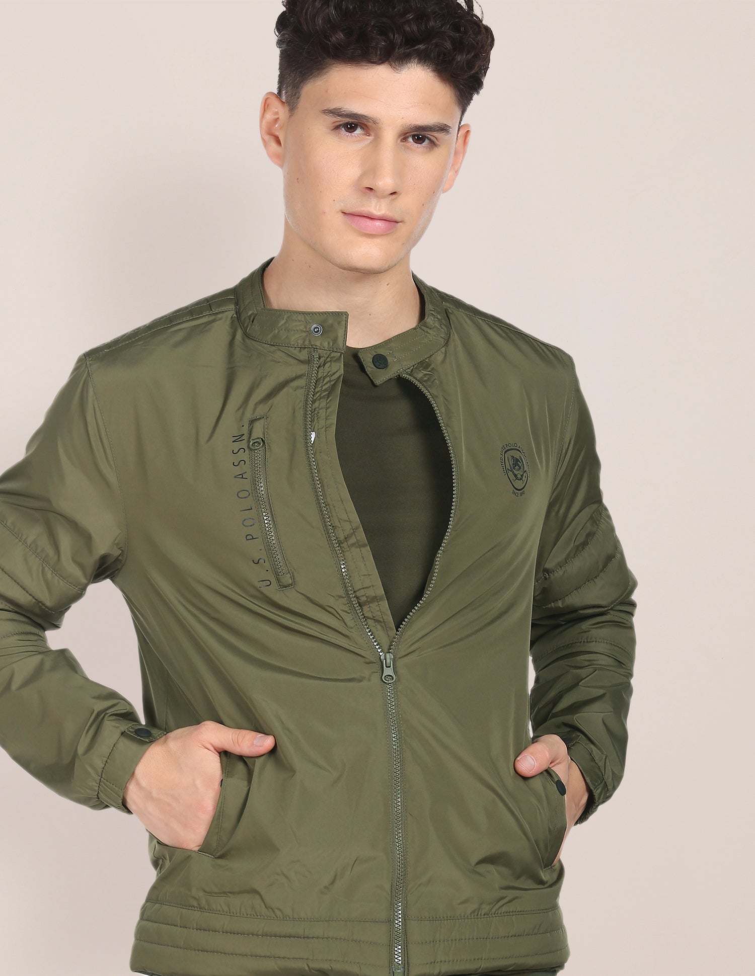Stand Collar Windcheater Jacket Olive - U.S. Polo Assn. India | Large