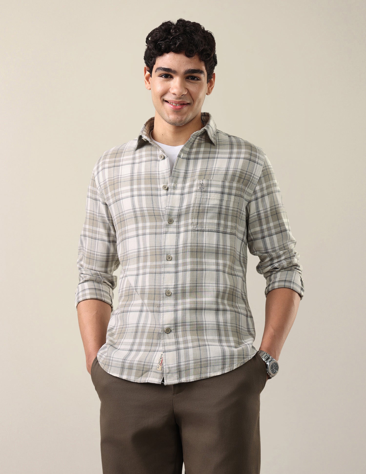 Twill Windowpane Checked Shirt Light Olive - U.S. Polo Assn. India | Large