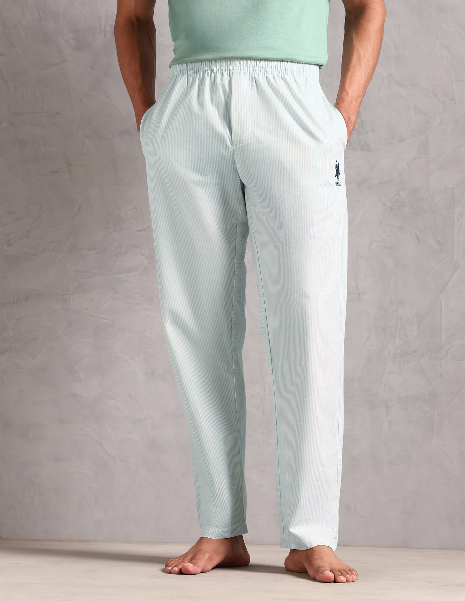 Pure Cotton Striped LP004 Lounge Pants - Pack Of 1 White and Light Blue - U.S. Polo Assn. India | Large